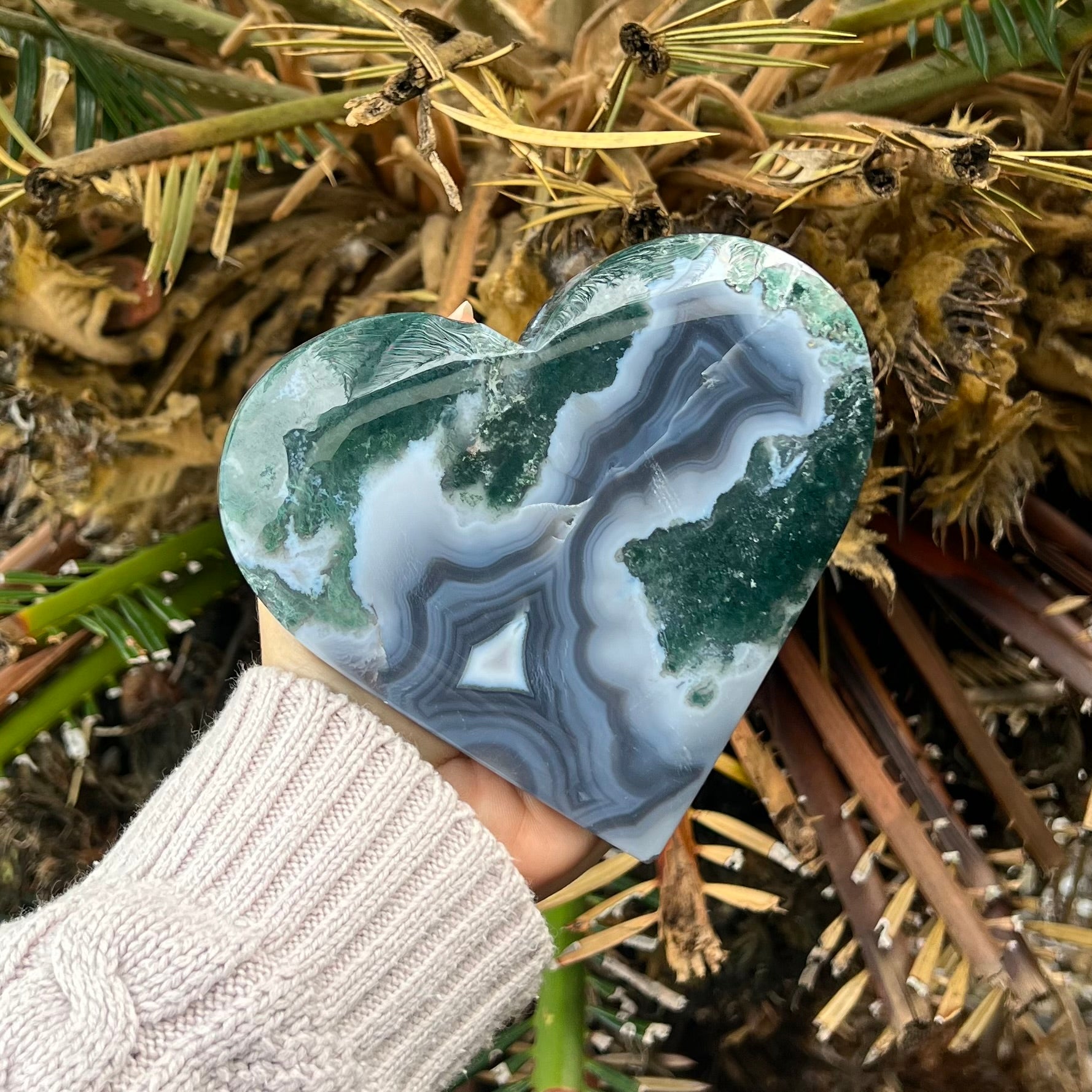 Moss Agate Heart Carving on Stand