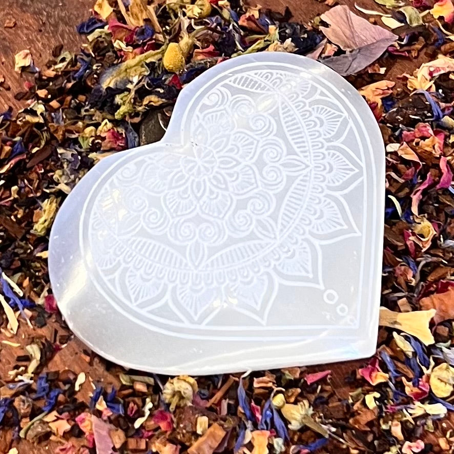 Selenite Heart With  Mandala Carving