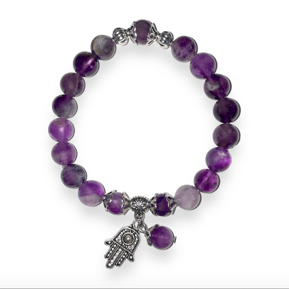 Double Protection Amethyst Bracelet with Hamsa Charm
