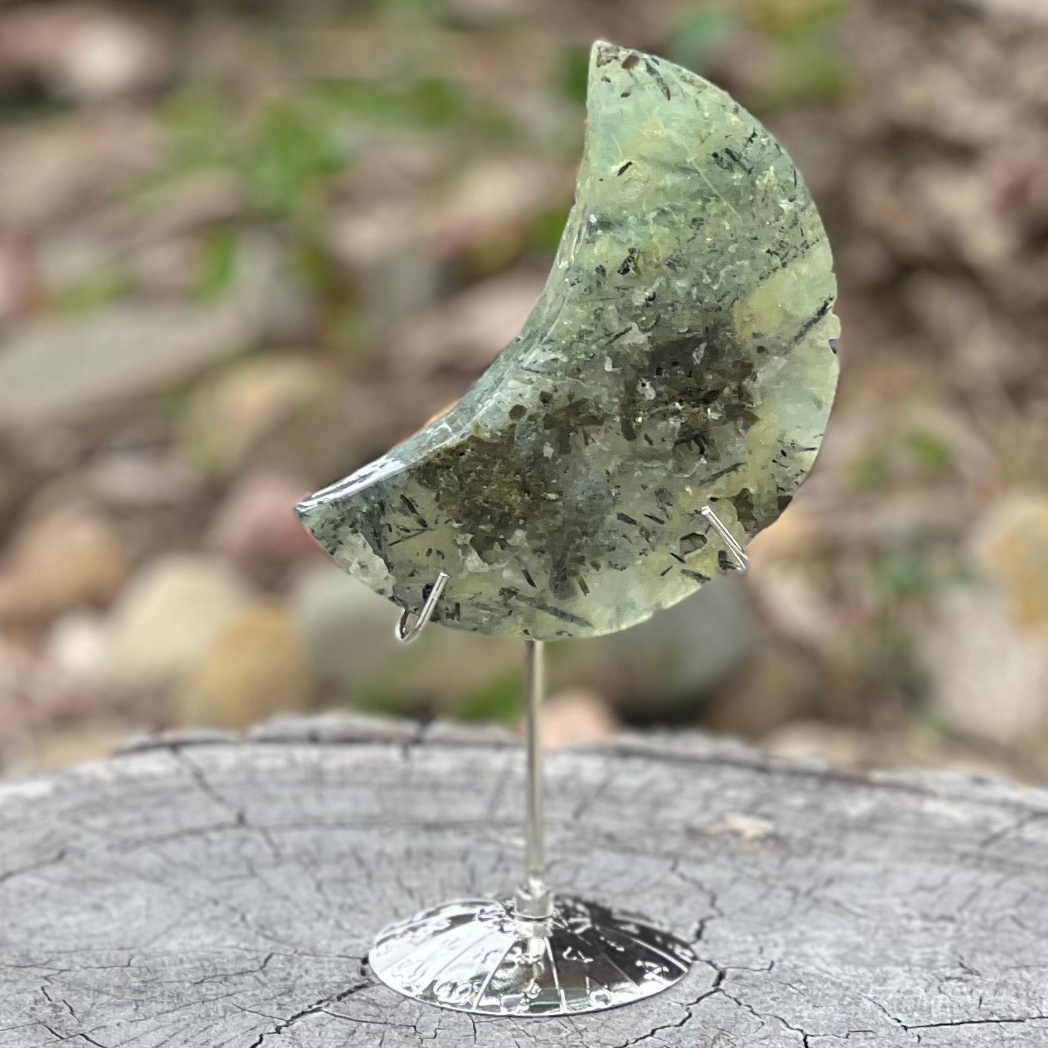 Prehnite Crescent Moon of Protection on Stand