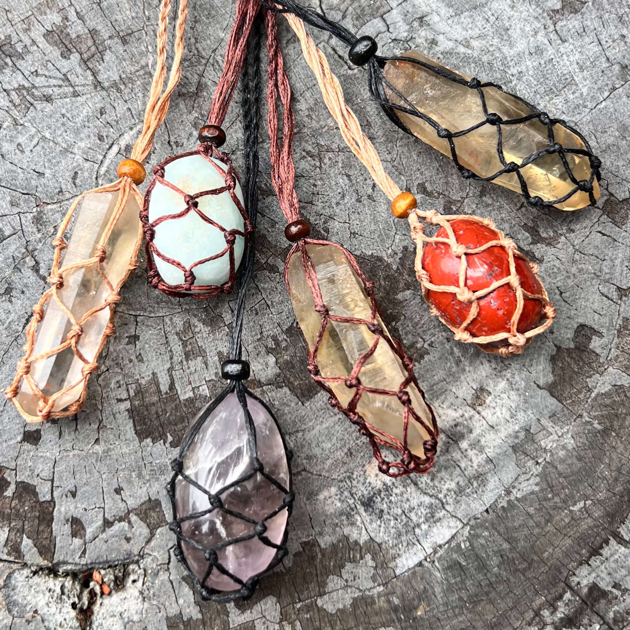 Waxed Cord Macrame Crystal Cage Necklace ~ Black