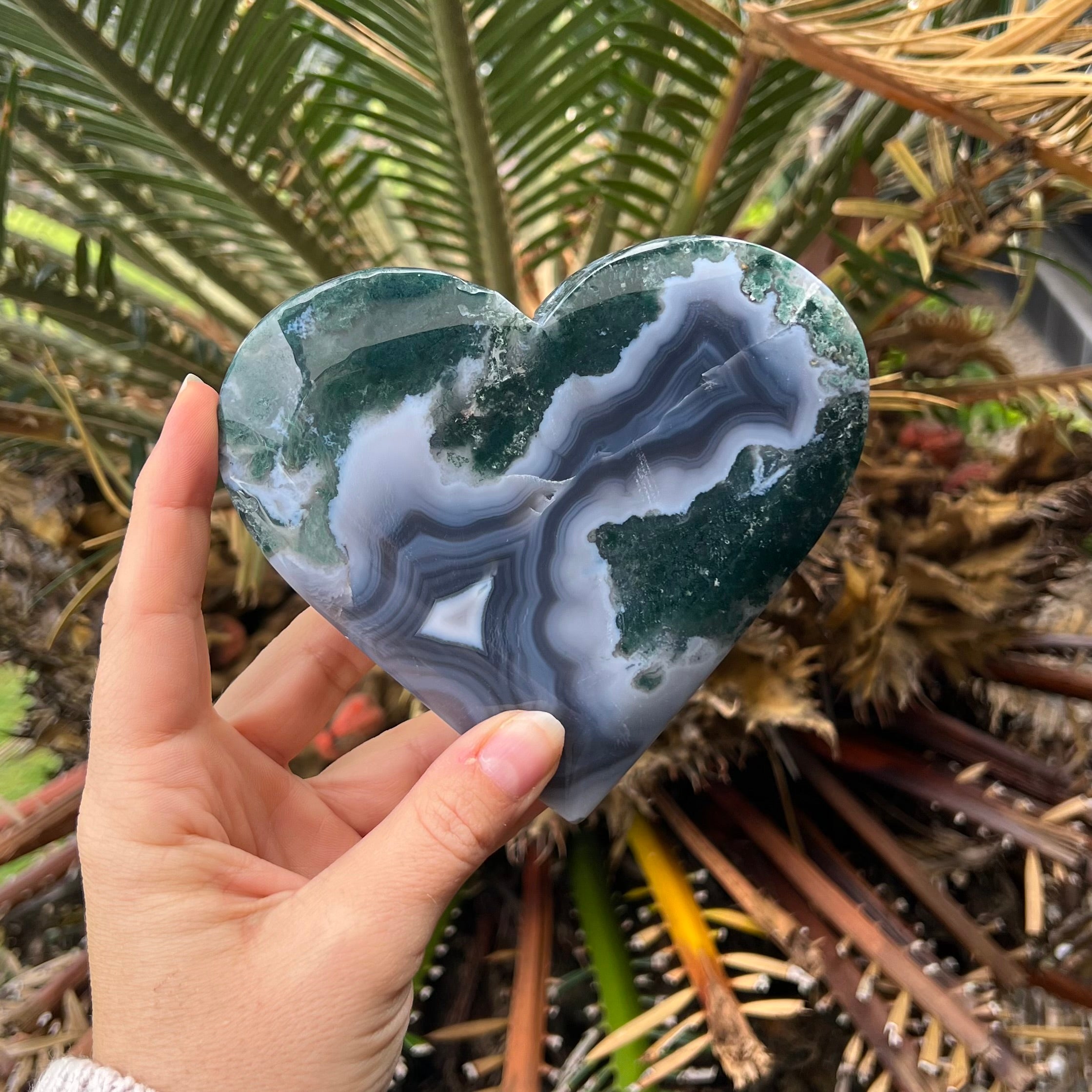 Moss Agate Heart Carving on Stand