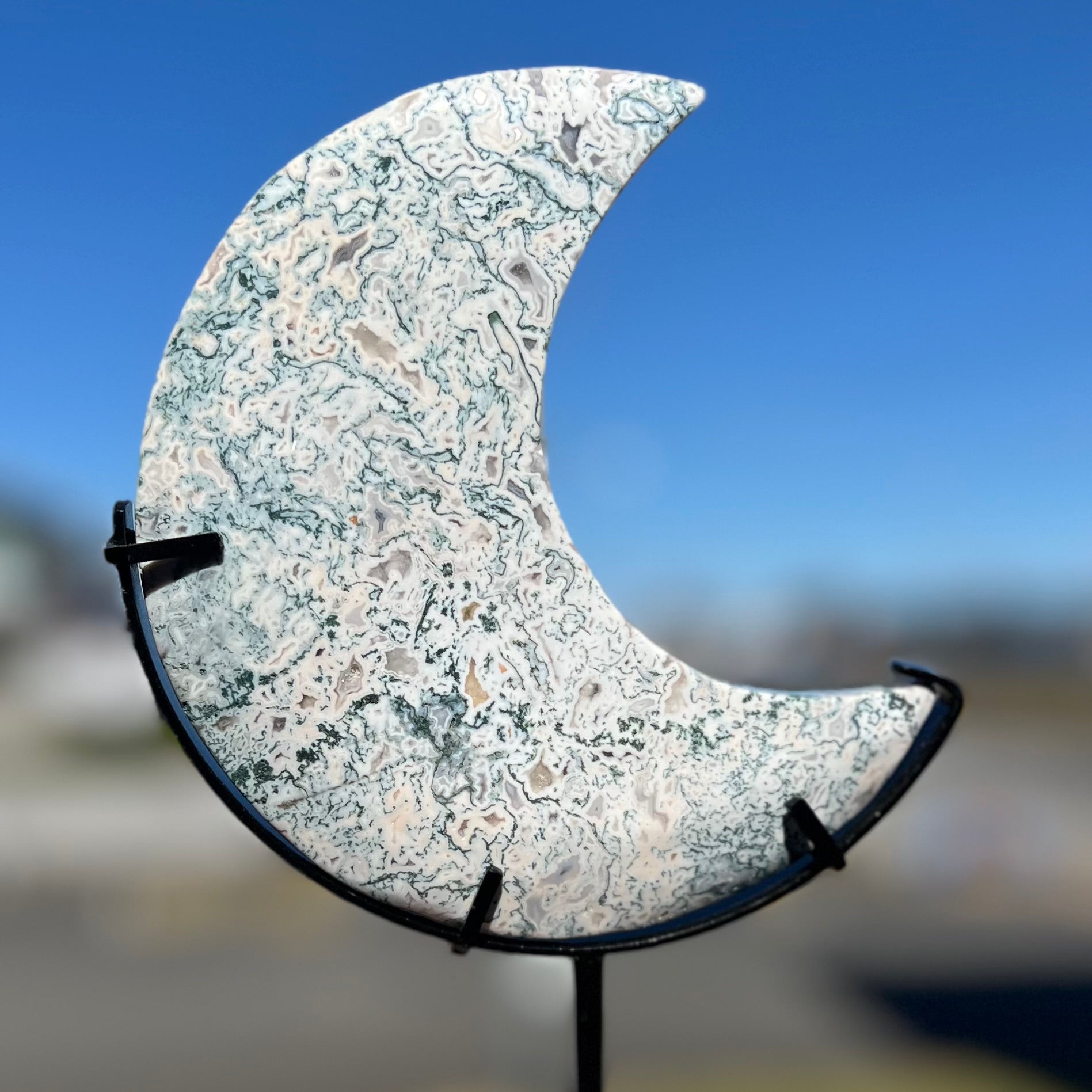 Moss Agate Crescent Moon Carving
