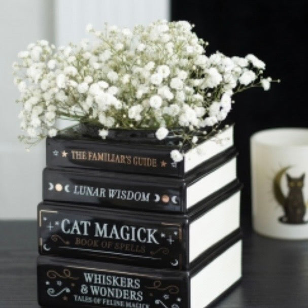 Black Cat Magick Book Stack Flower Vase