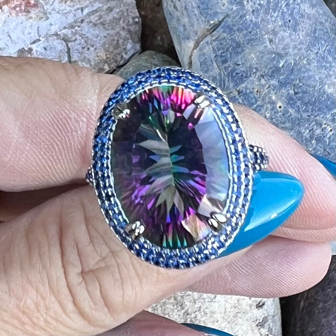 Mystic Topaz with Blue Sapphire ~ Sterling Silver Ring ~ size 8