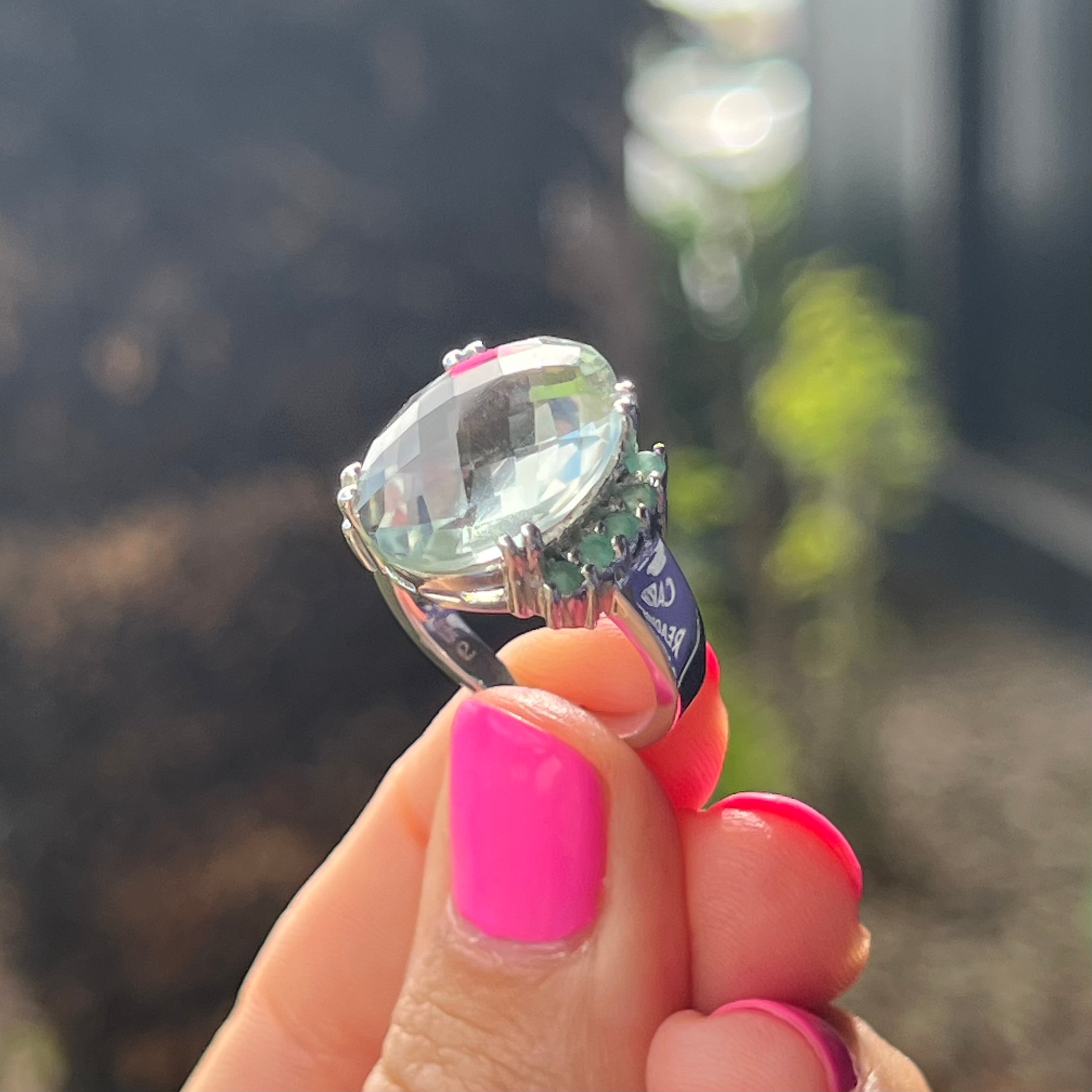 Prasiolite + Emerald Sterling Silver Ring ~ 7