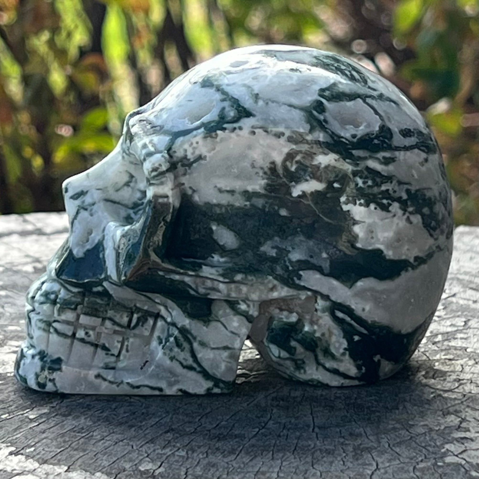 Moss Agate Skull Carving