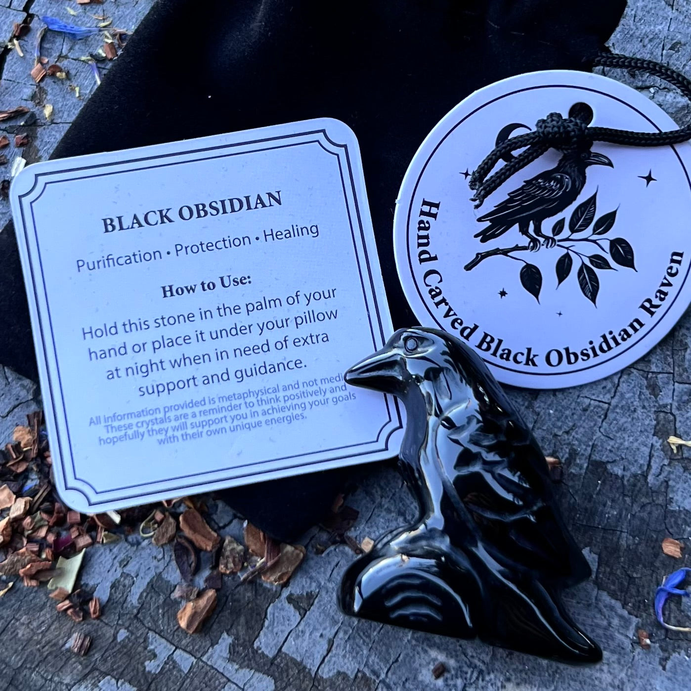Black Obsidian Raven Carving in Bag