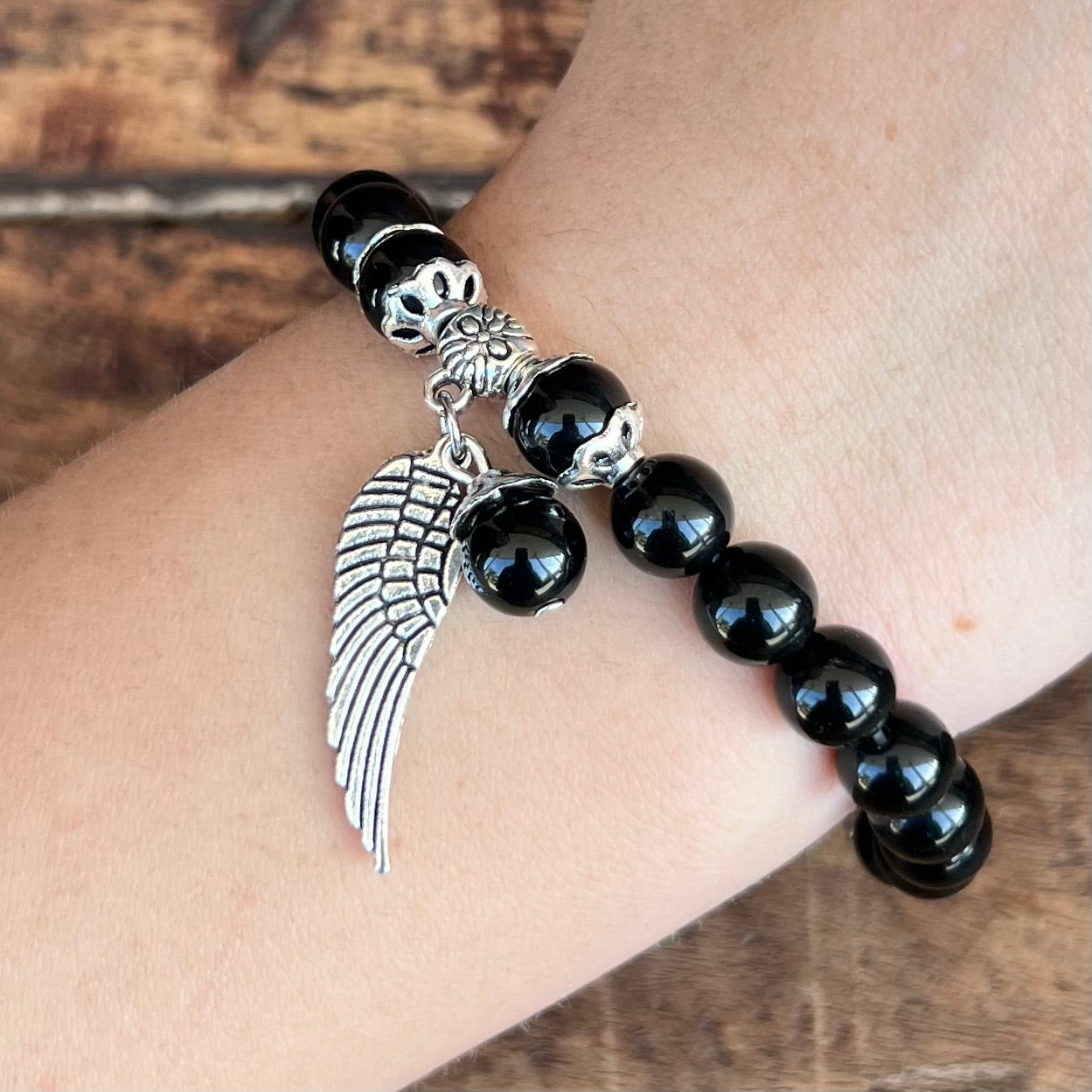 Black Obsidian Protection Bracelet with Angel Wing Charm