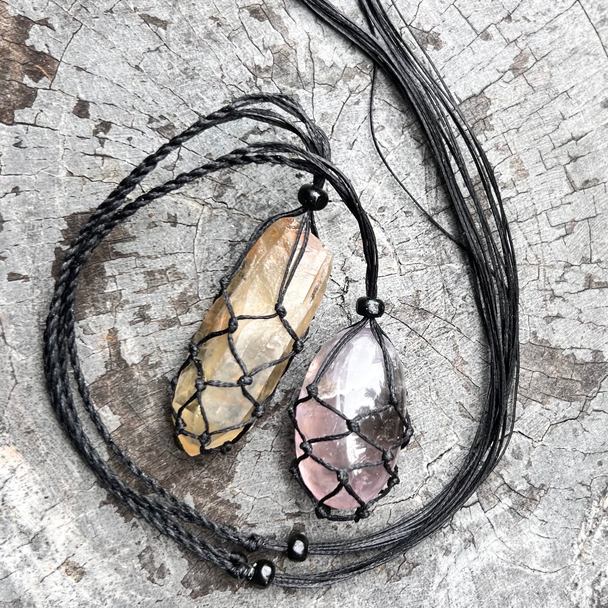 Waxed Cord Macrame Crystal Cage Necklace ~ Black