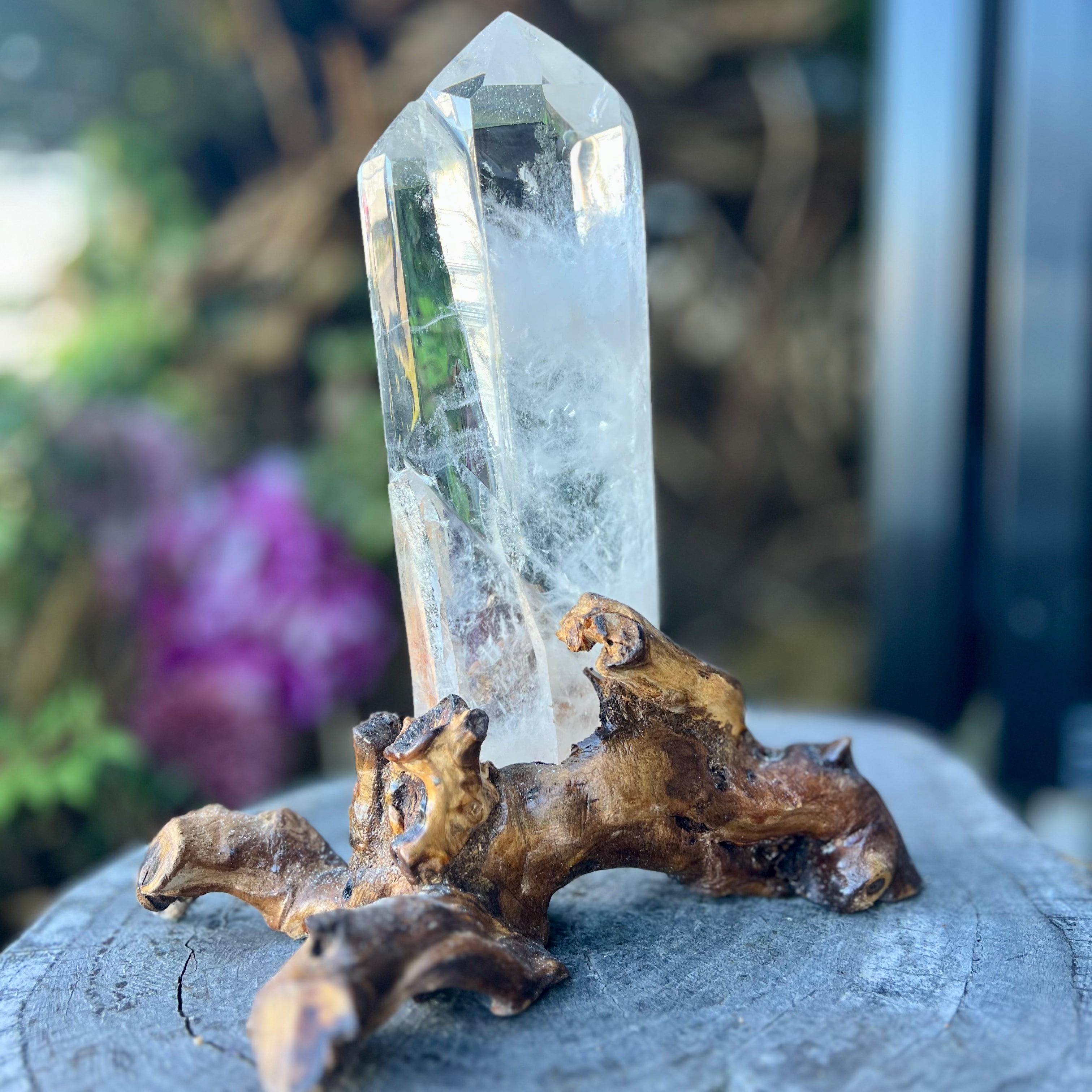 Clear Quartz Semi Raw Generator Point on wooden stand