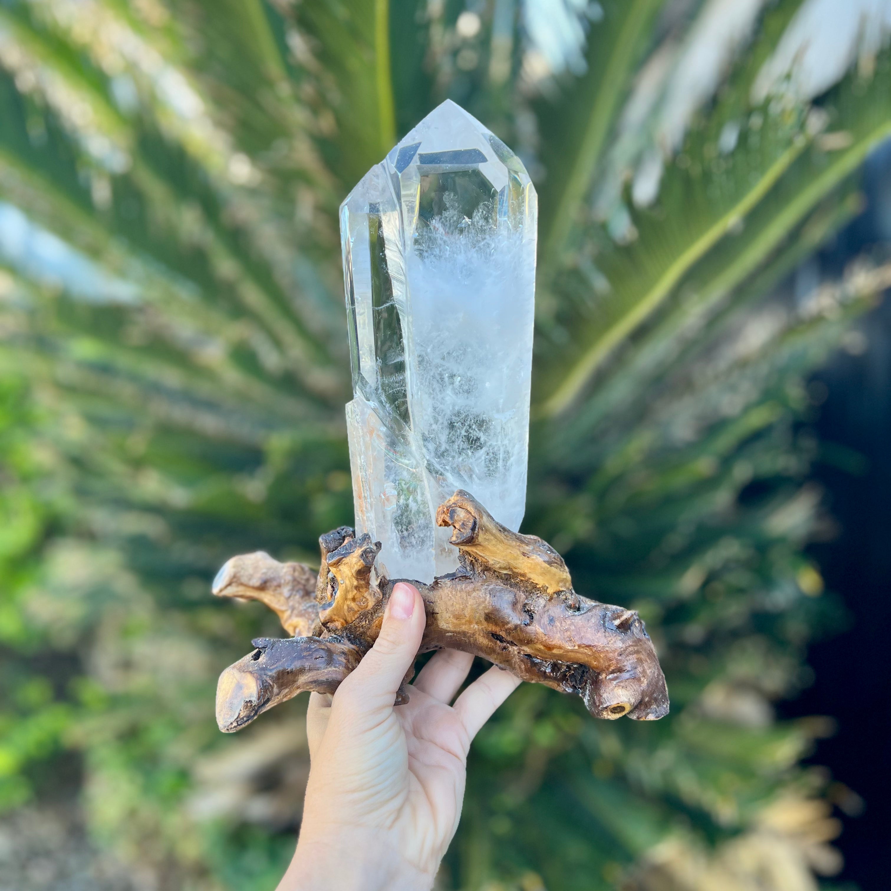 Clear Quartz Semi Raw Generator Point on wooden stand