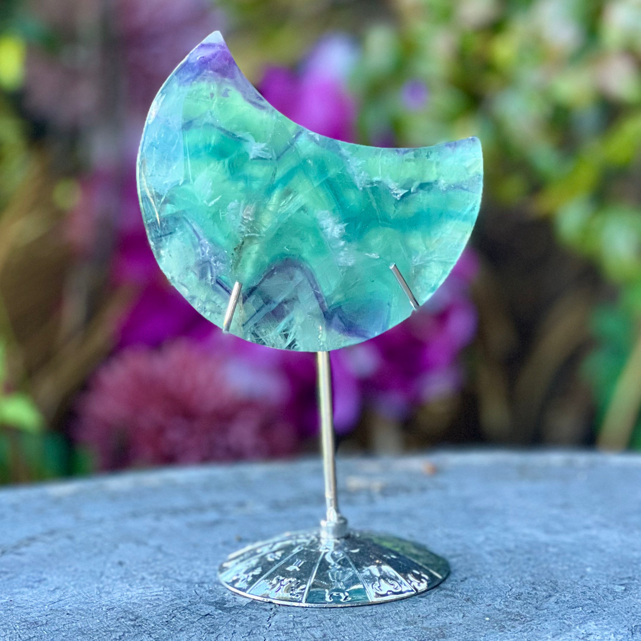 Rainbow Fluorite Crescent Moon on Stand