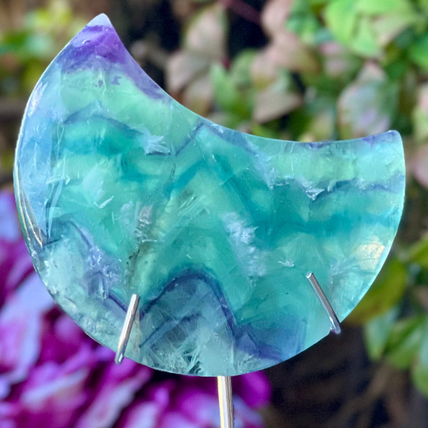 Rainbow Fluorite Crescent Moon on Stand
