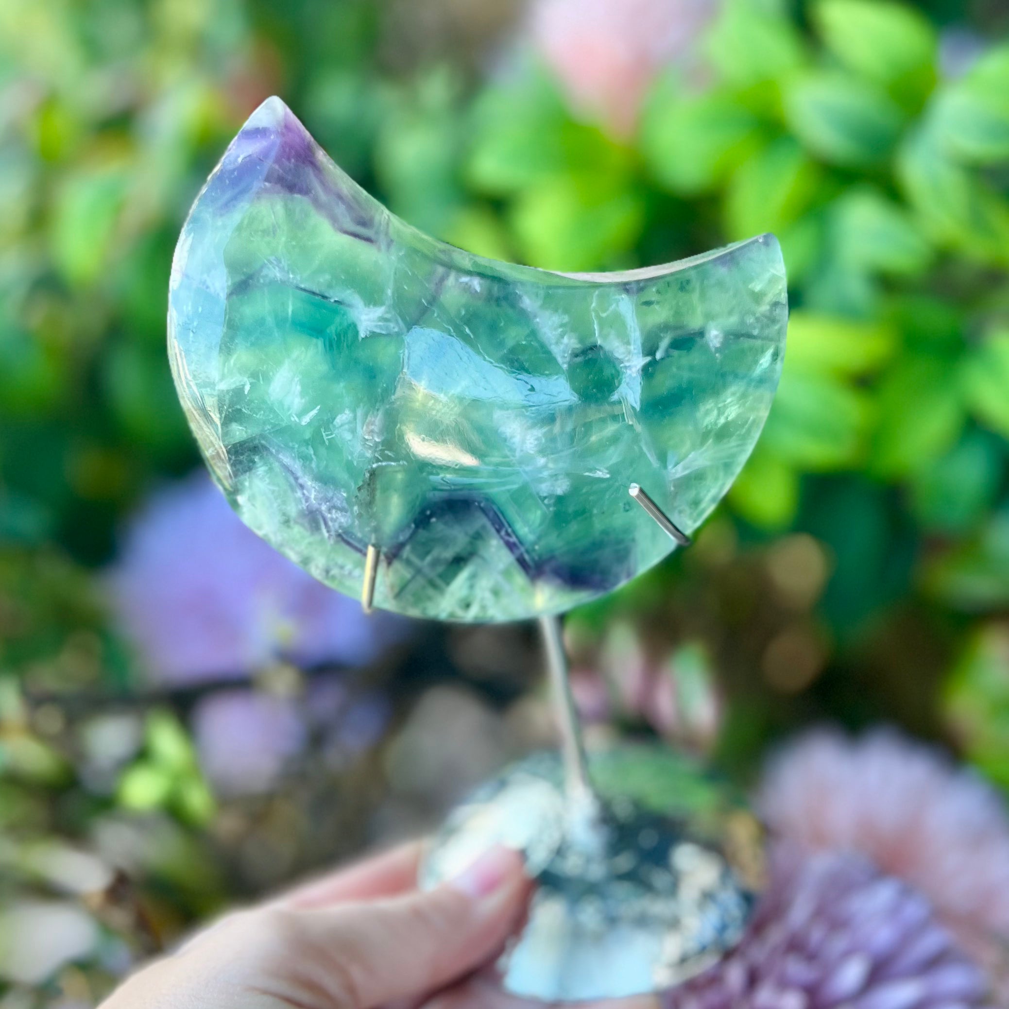 Rainbow Fluorite Crescent Moon on Stand