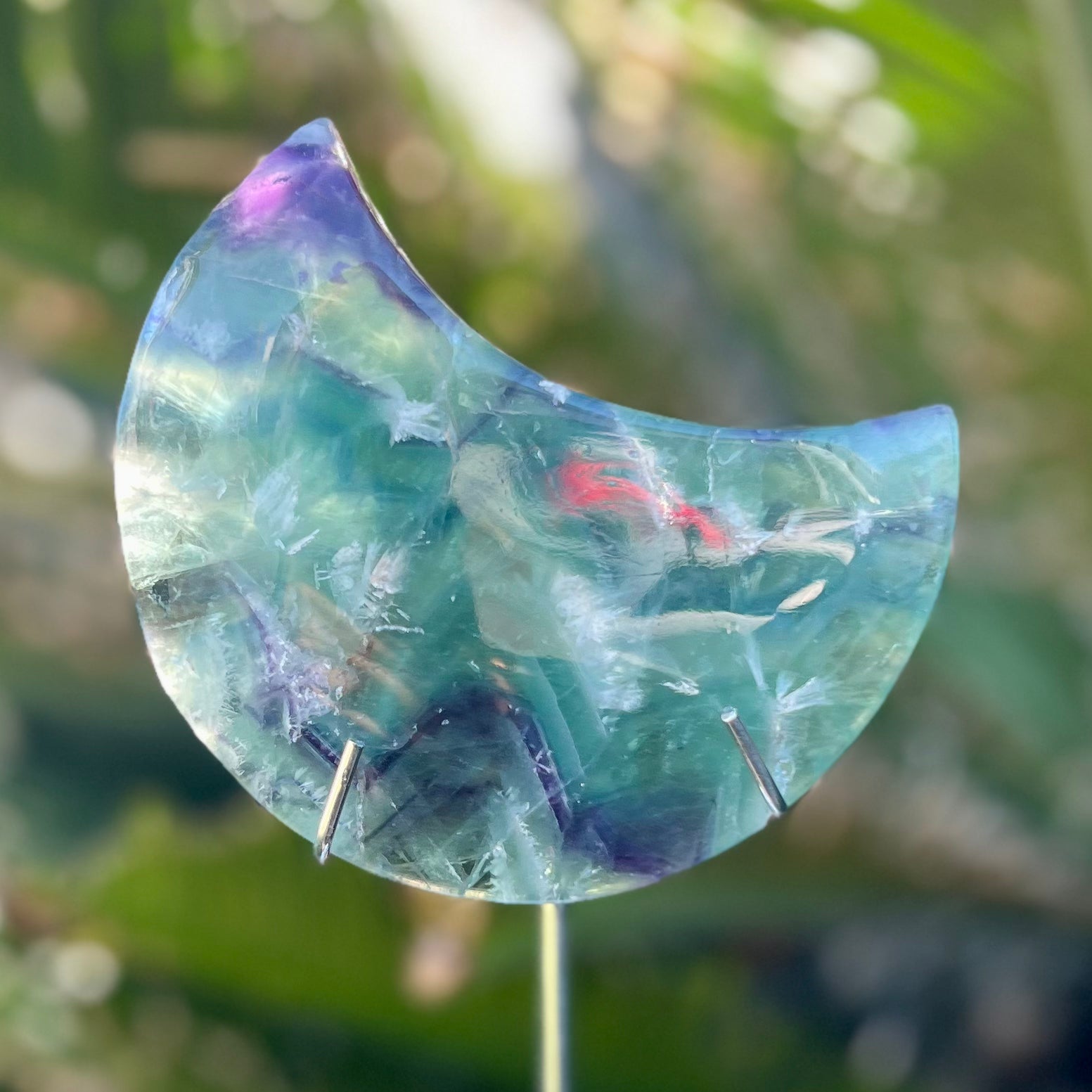 Rainbow Fluorite Crescent Moon on Stand