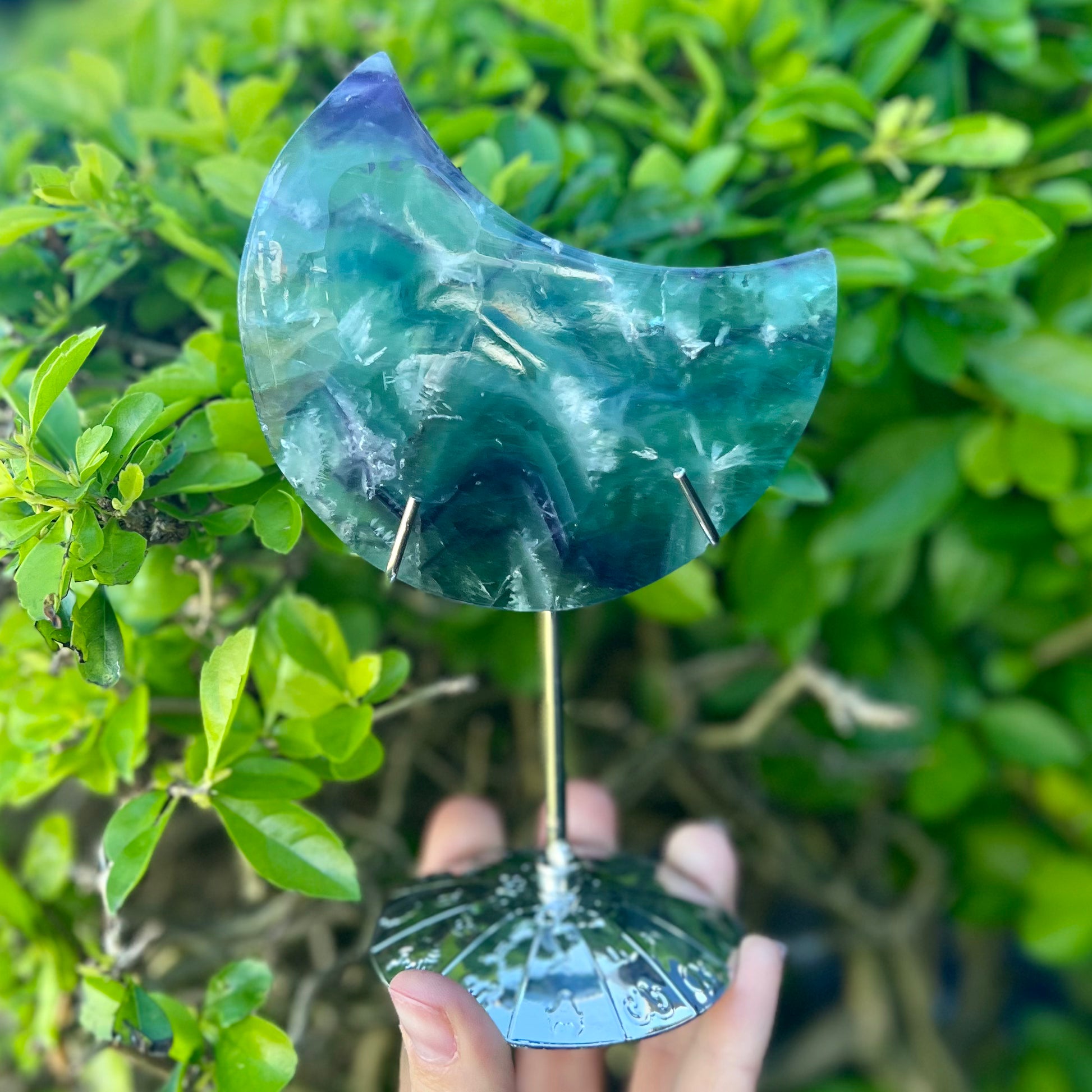 Rainbow Fluorite Crescent Moon on Stand