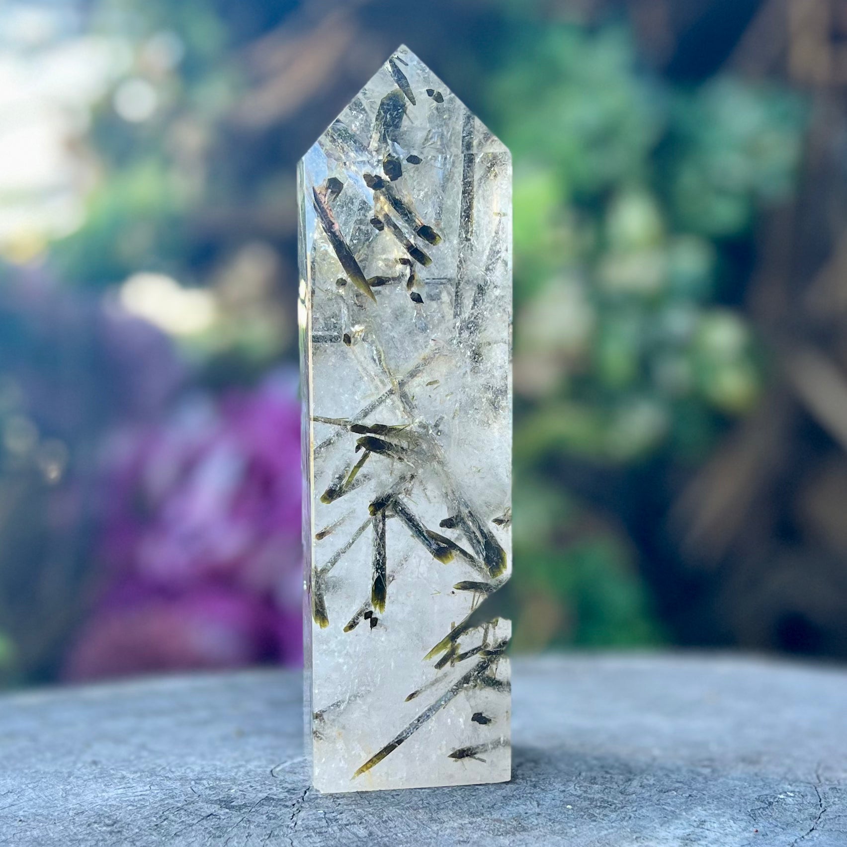 Green Tourmaline in Clear Protective Generator Quartz Tower