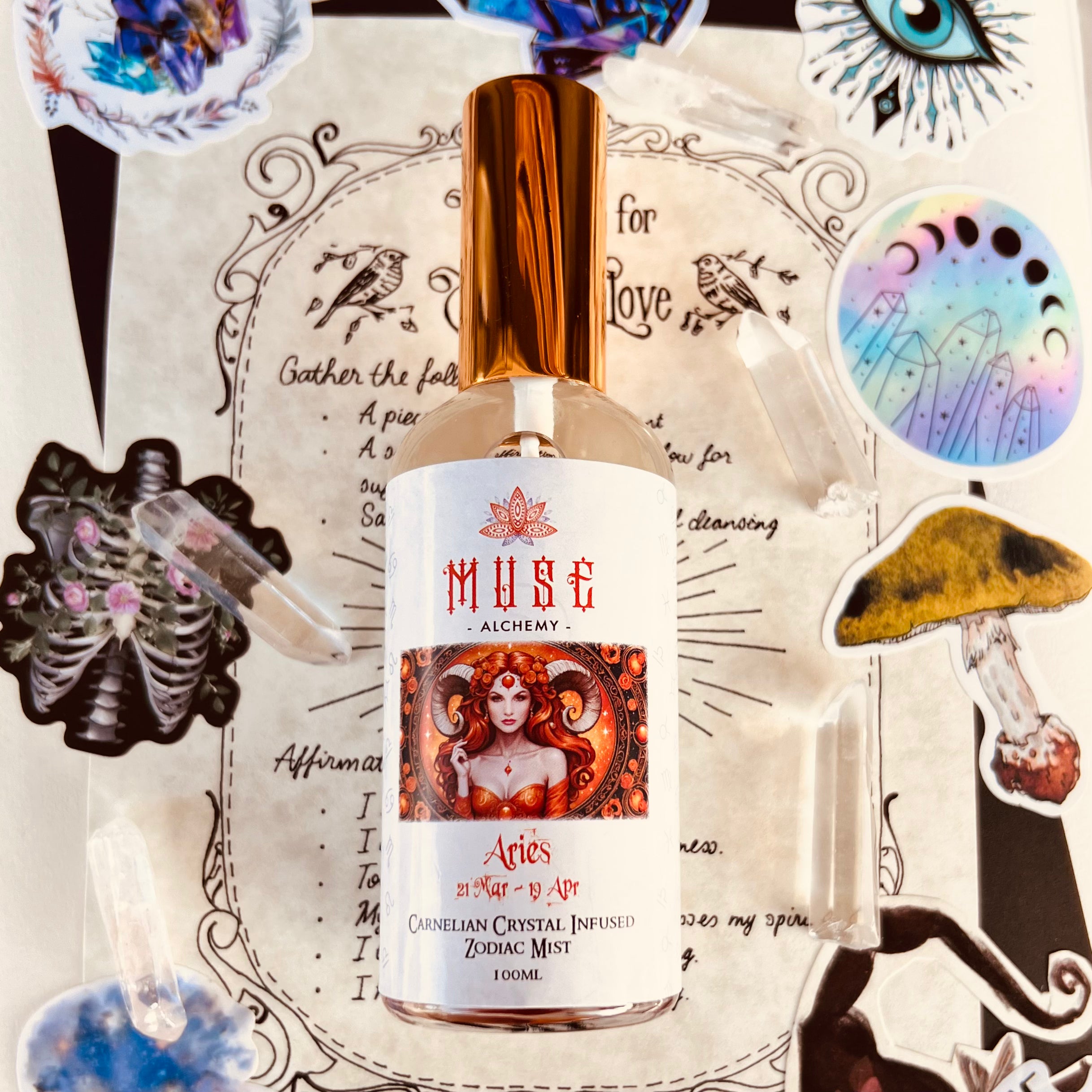 Muse Alchemy Aries Zodiac Mist bottle with Carnelian crystal infusion – 100ml | Muse Crystals & Mystical Gifts