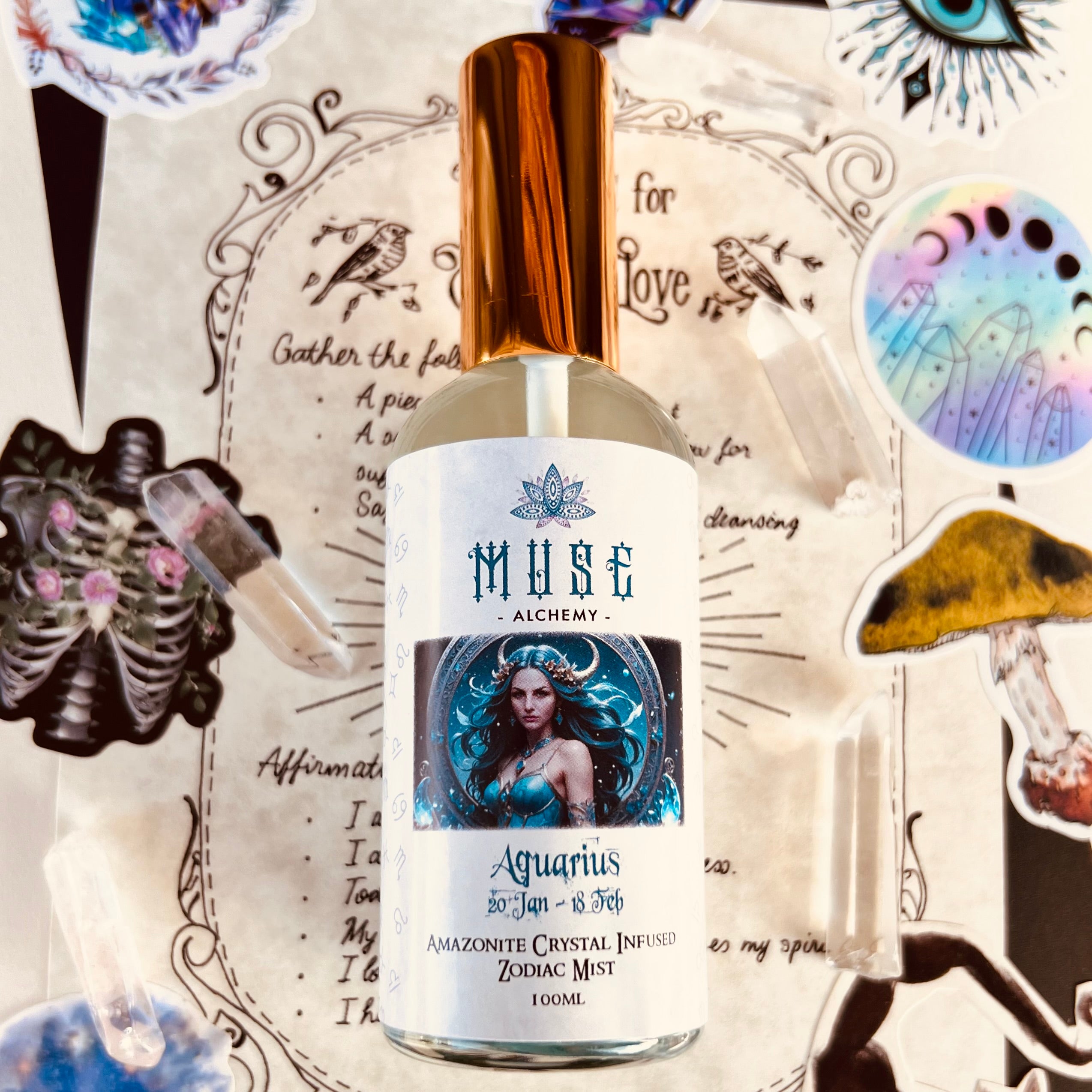 Muse Alchemy Aquarius Zodiac Mist bottle with Amazonite crystal infusion – 100ml | Muse Crystals & Mystical Gifts
