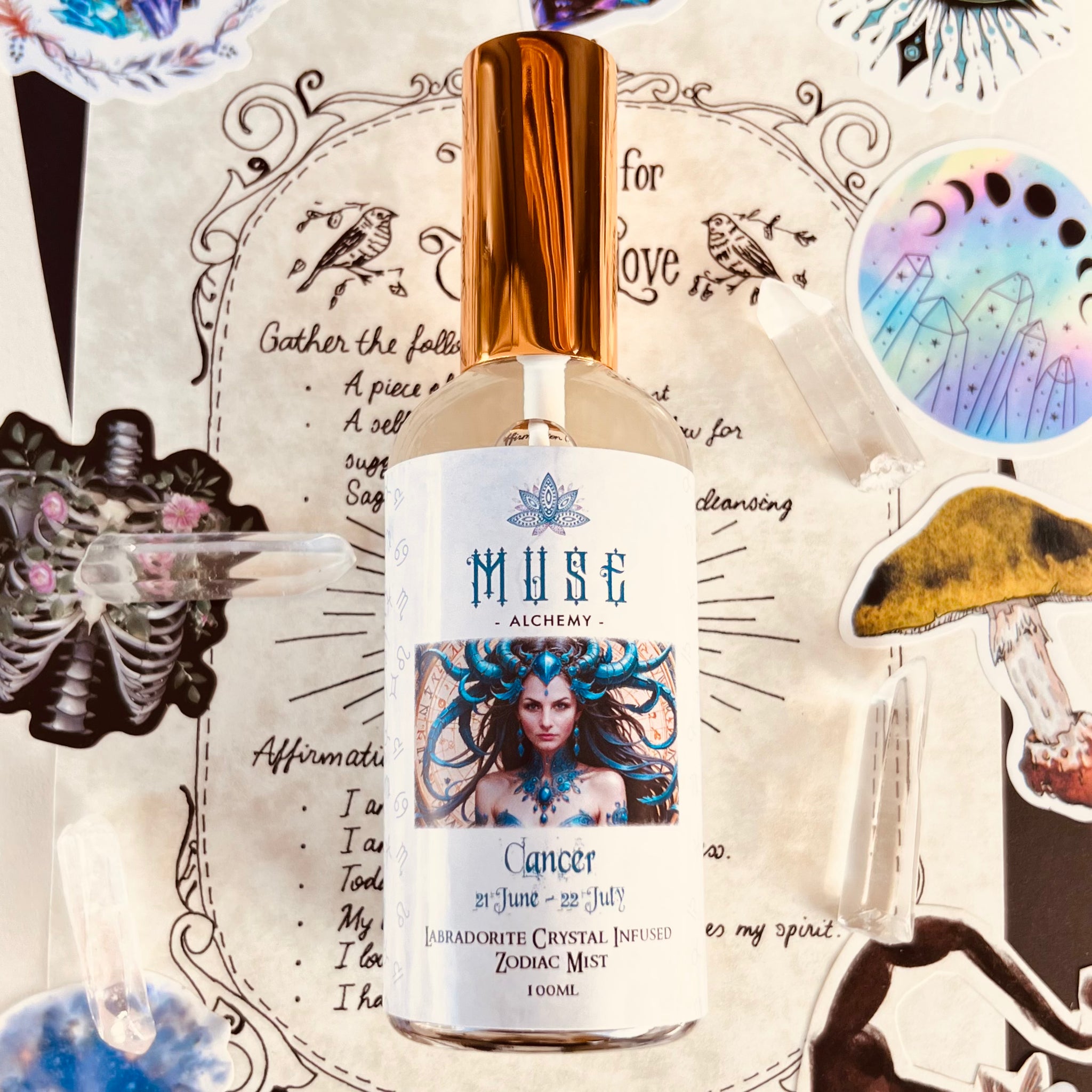 Cancer Zodiac Mist with Labradorite Crystal 10ml Muse Alchemy Muse Crystals Mystical Gifts