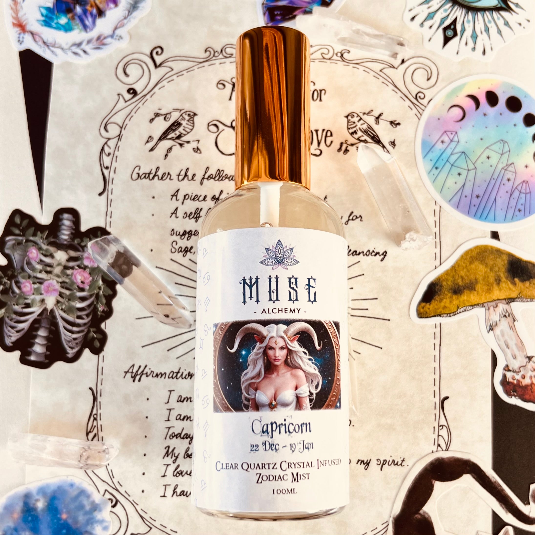 Muse Alchemy Capricorn Zodiac Mist bottle with Clear Quartz crystal infusion – 100ml | Muse Crystals & Mystical Gifts