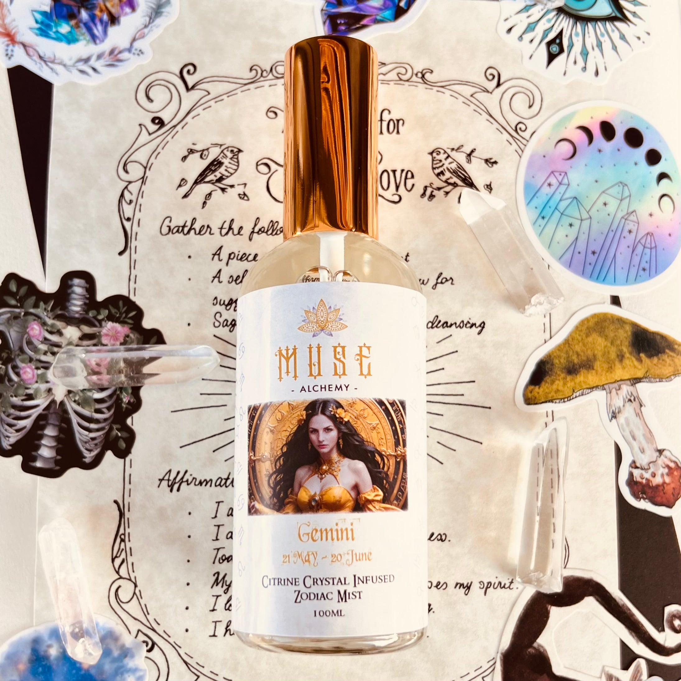 Muse Alchemy Gemini Zodiac Mist bottle with Citrine crystal infusion – 100ml | Muse Crystals & Mystical Gifts