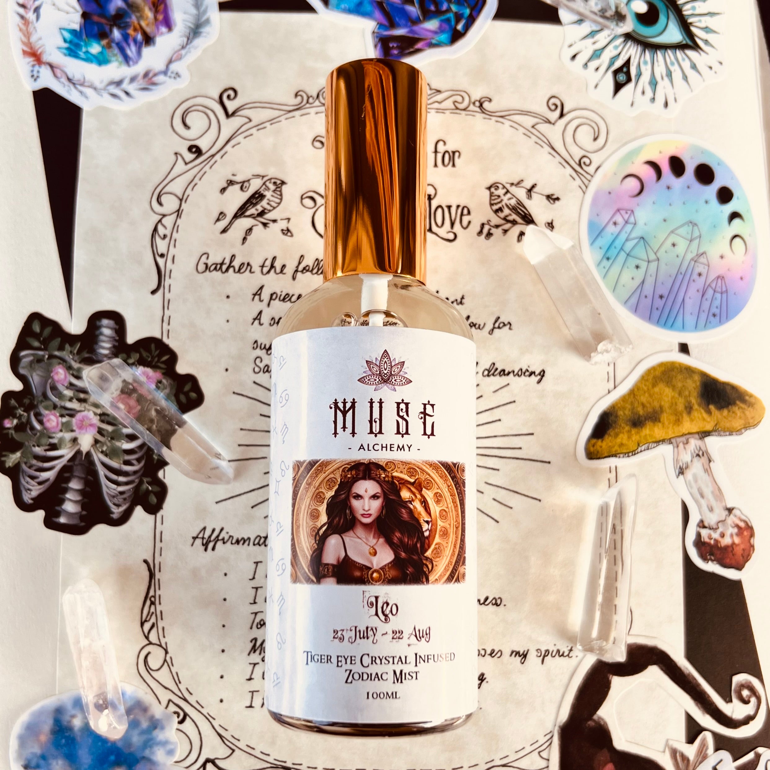 Muse Alchemy Leo Zodiac Mist bottle with Tiger Eye crystal infusion – 100ml | Muse Crystals & Mystical Gifts