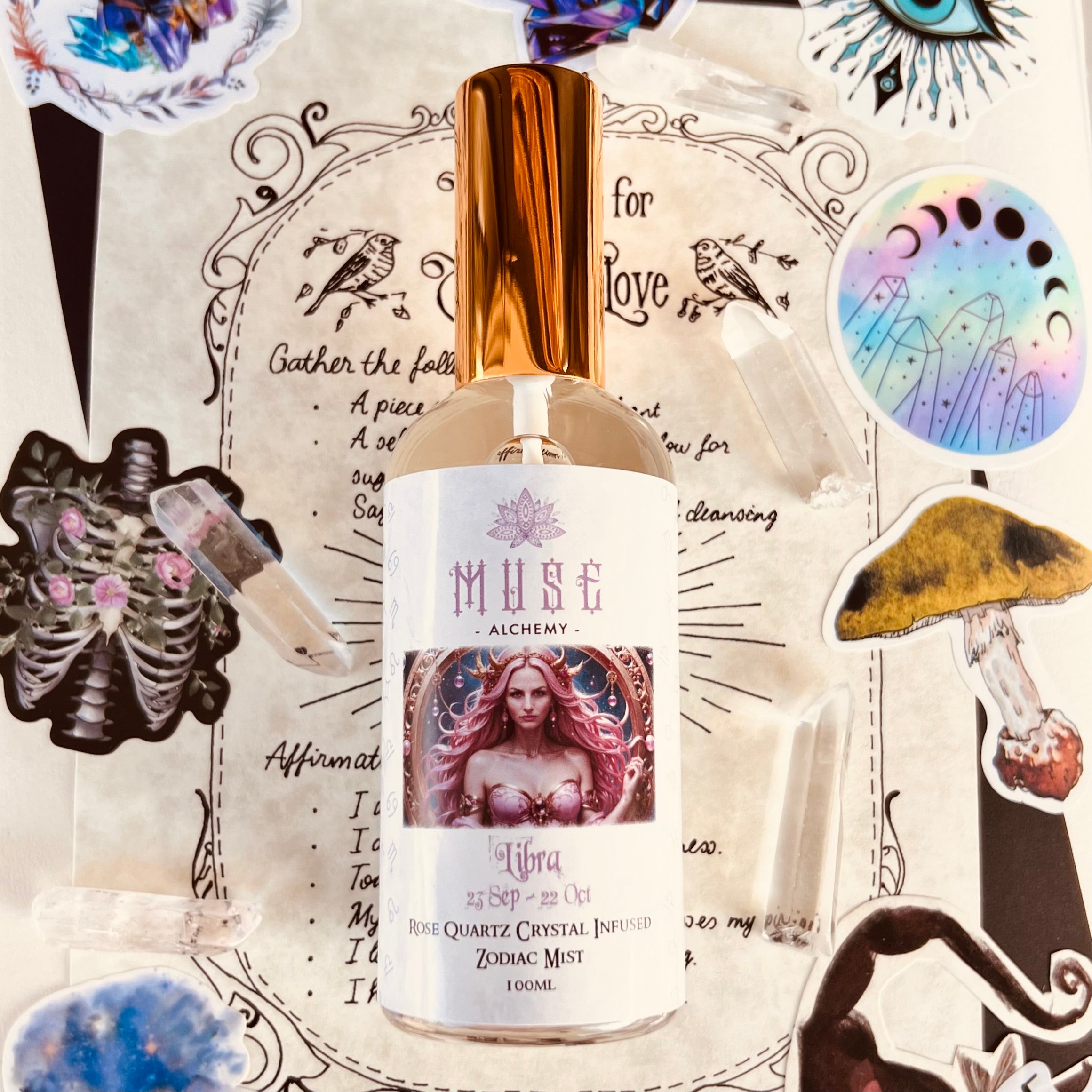 Muse Alchemy Libra Zodiac Mist bottle with Rose Quartz crystal infusion – 100ml | Muse Crystals & Mystical Gifts