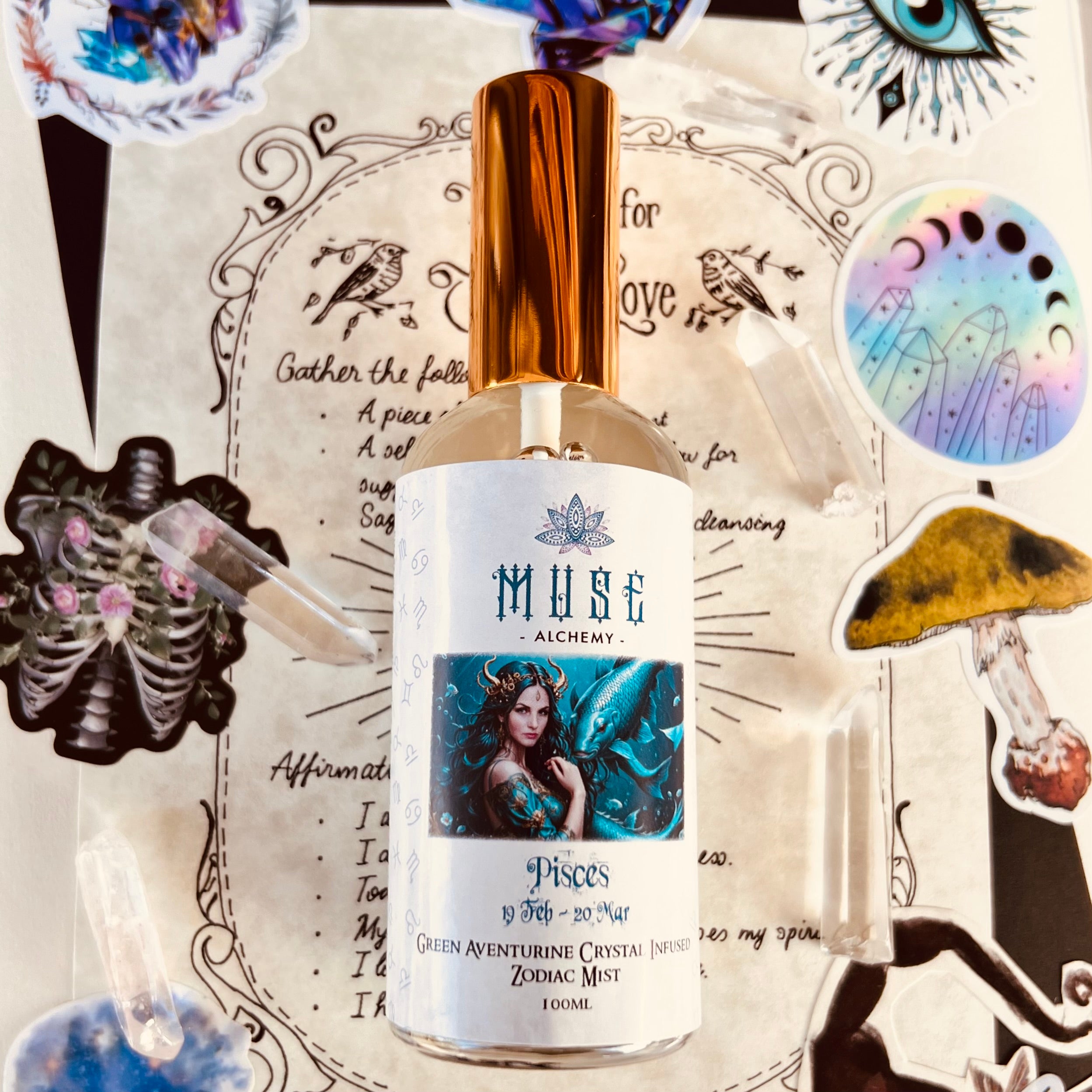 Muse Alchemy Pisces Zodiac Mist bottle with Green Aventurine crystal infusion – 100ml | Muse Crystals & Mystical Gifts