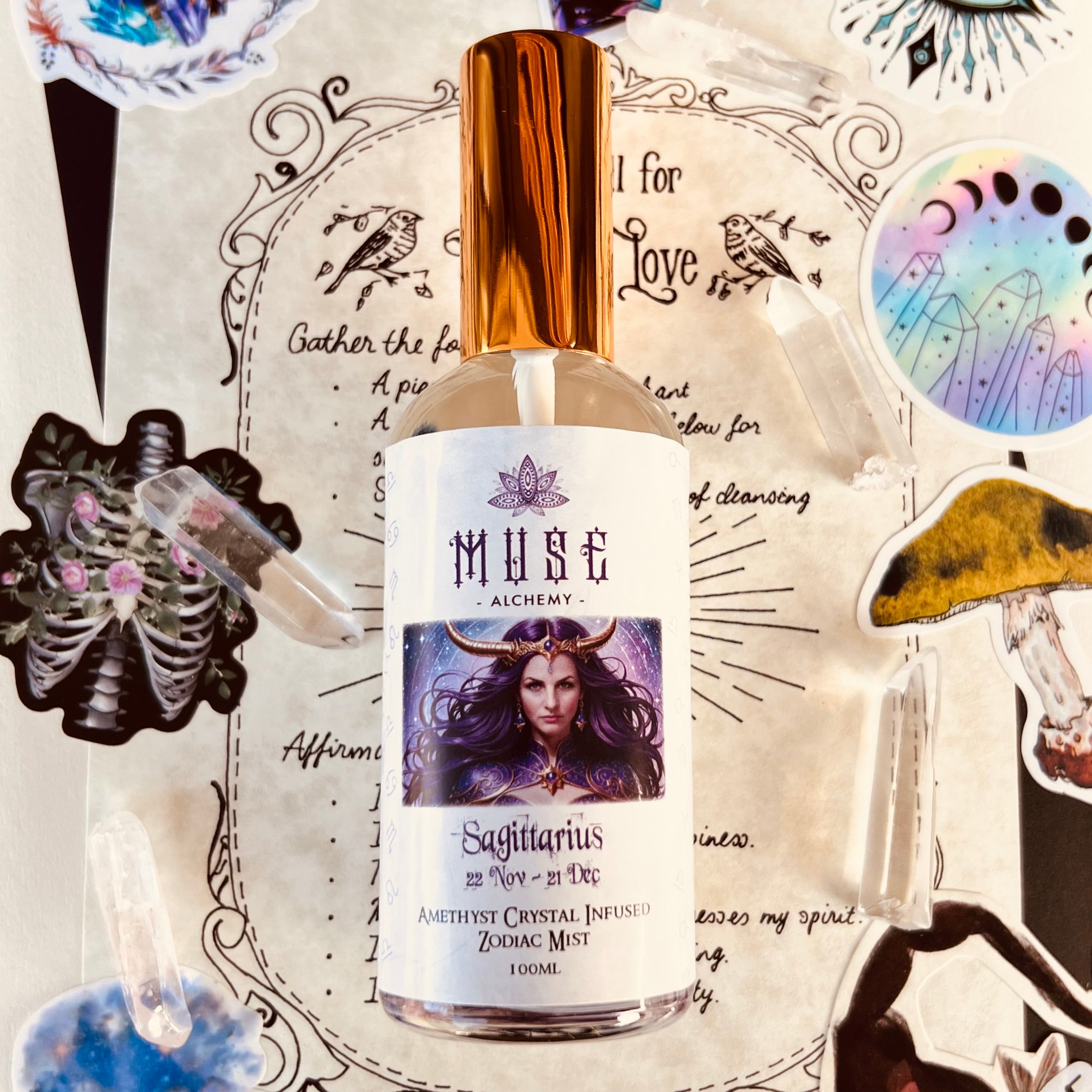 Muse Alchemy Sagittarius Zodiac Mist bottle with Amethyst crystal infusion – 100ml | Muse Crystals & Mystical Gifts