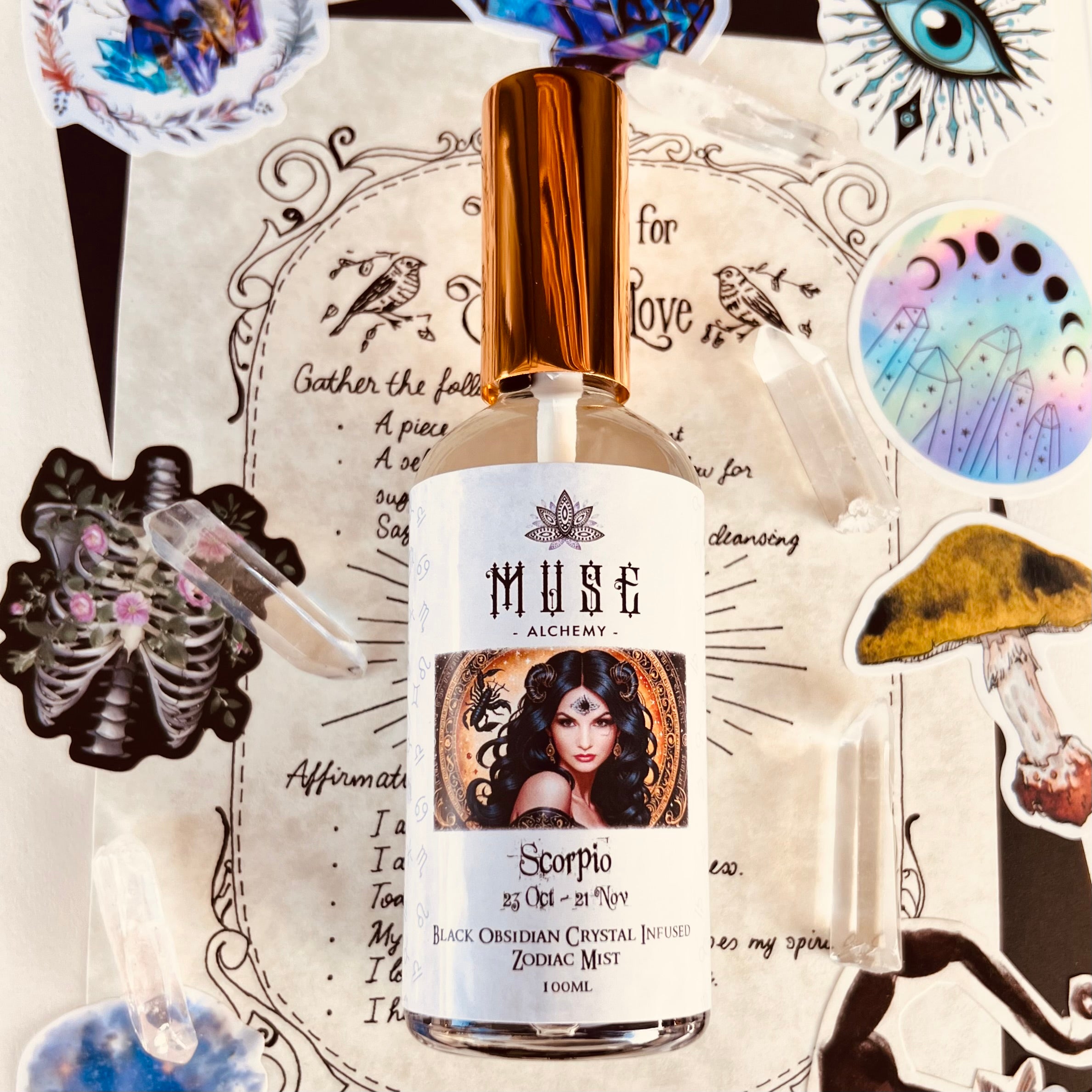 Muse Alchemy Scorpio Zodiac Mist bottle with Black Obsidian crystal infusion – 100ml | Muse Crystals & Mystical Gifts