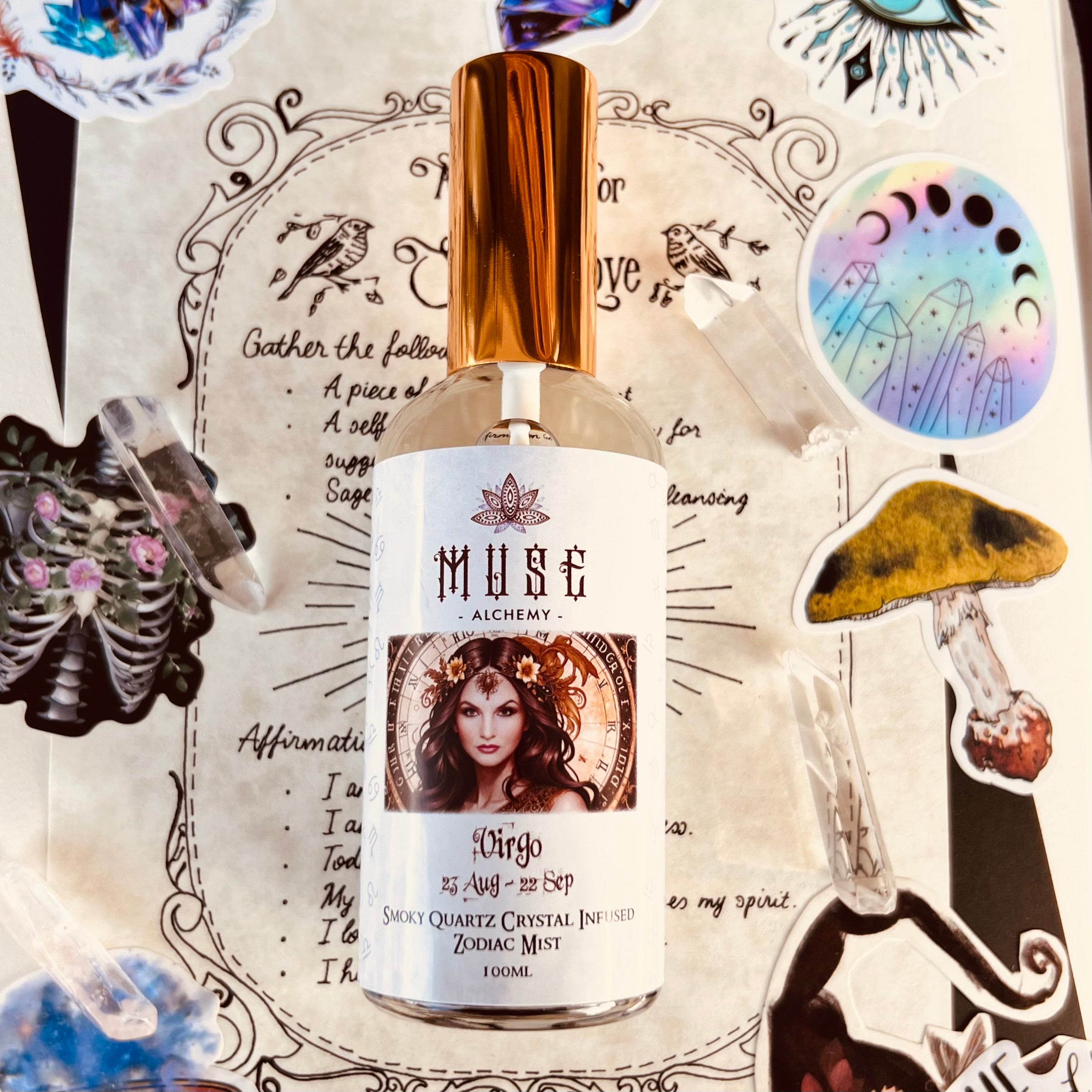 Muse Alchemy Virgo Zodiac Mist with Smoky Quartz crystal infusion – 100ml bottle | Muse Crystals & Mystical Gifts