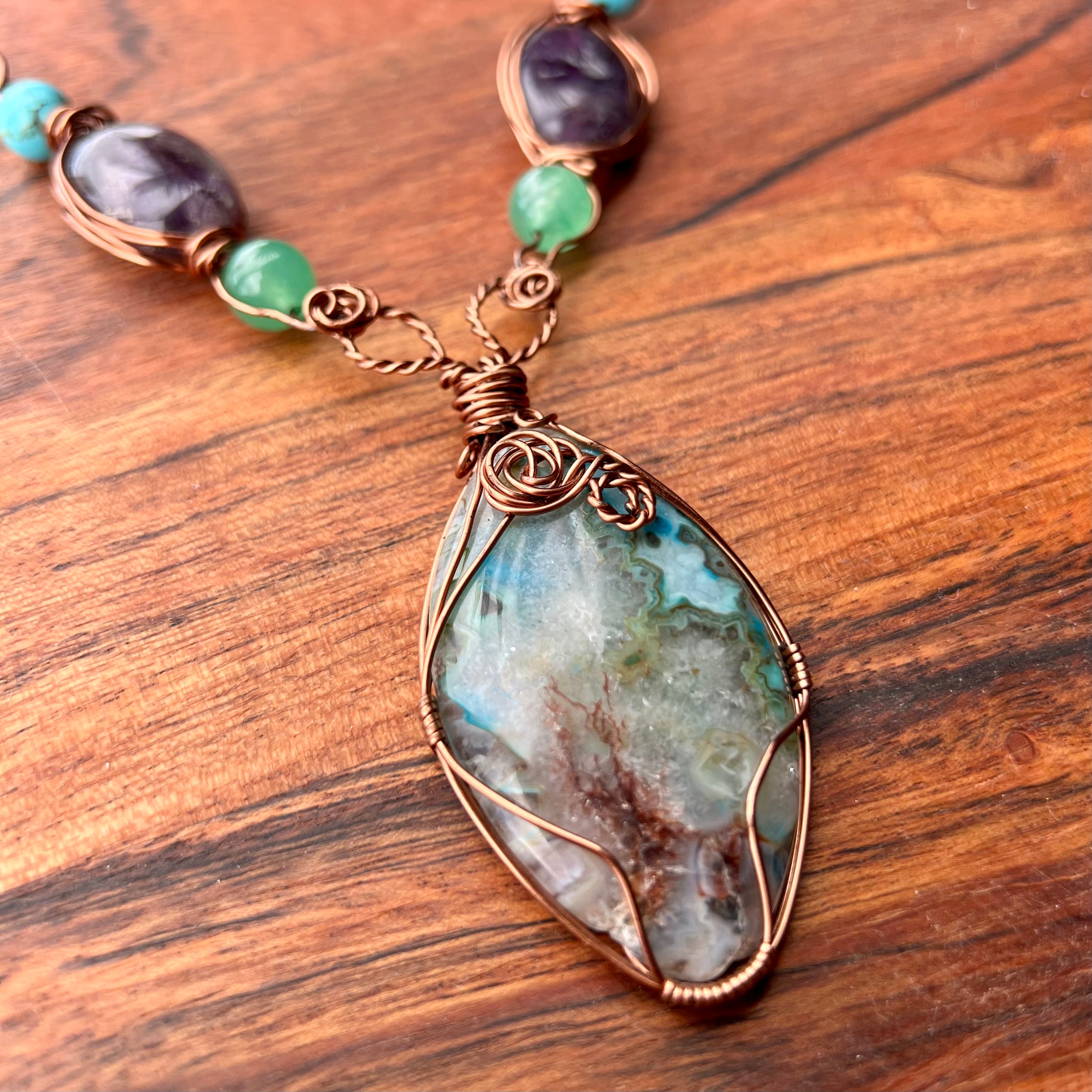 Muse Forged ~ Artesian Plume Agate, Green Aventurine & Amethyst Necklace
