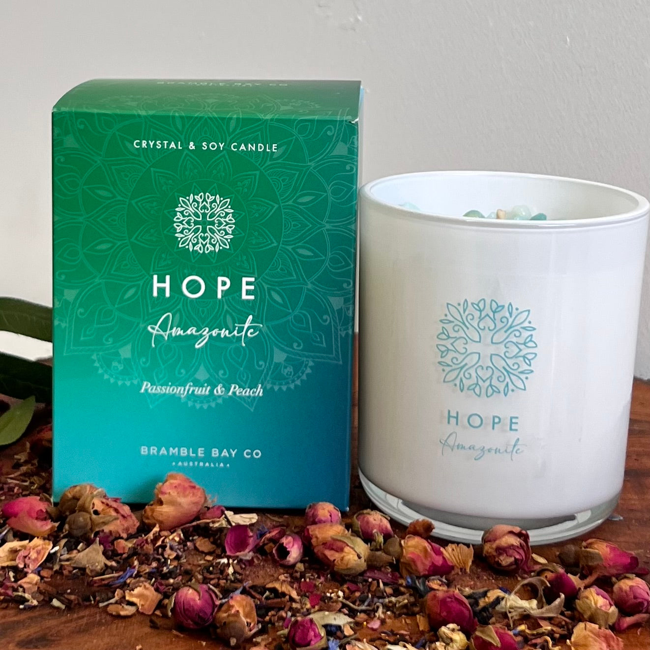 Boho Crystal Hope Candle ~ Amazonite ~ Passionfruit & Peach
