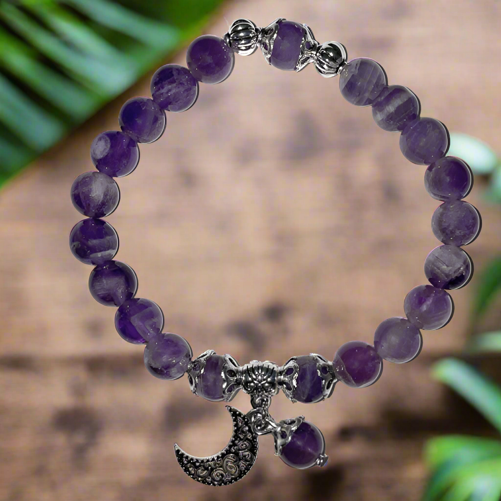 Amethyst Healer Bracelet with Celestial Crescent Moon Charm