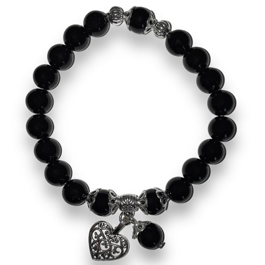 Black Obsidian Protection Bracelet with Heart Charm