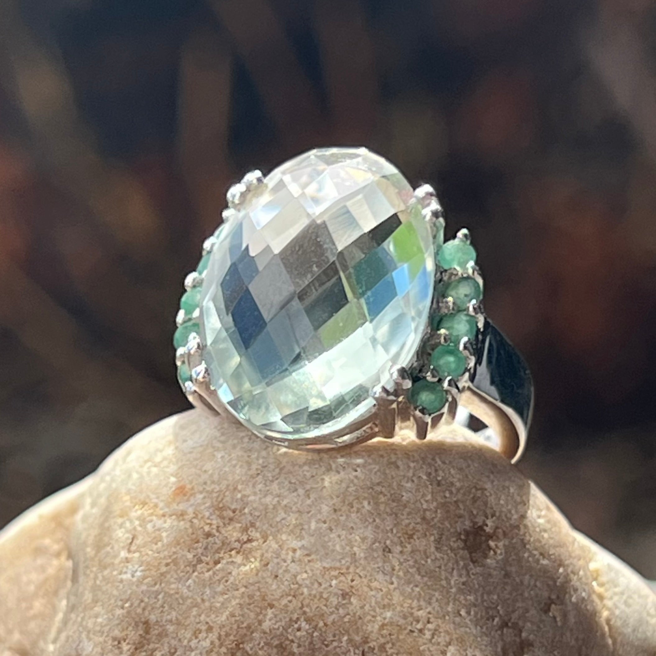 Prasiolite + Emerald Sterling Silver Ring ~ 7