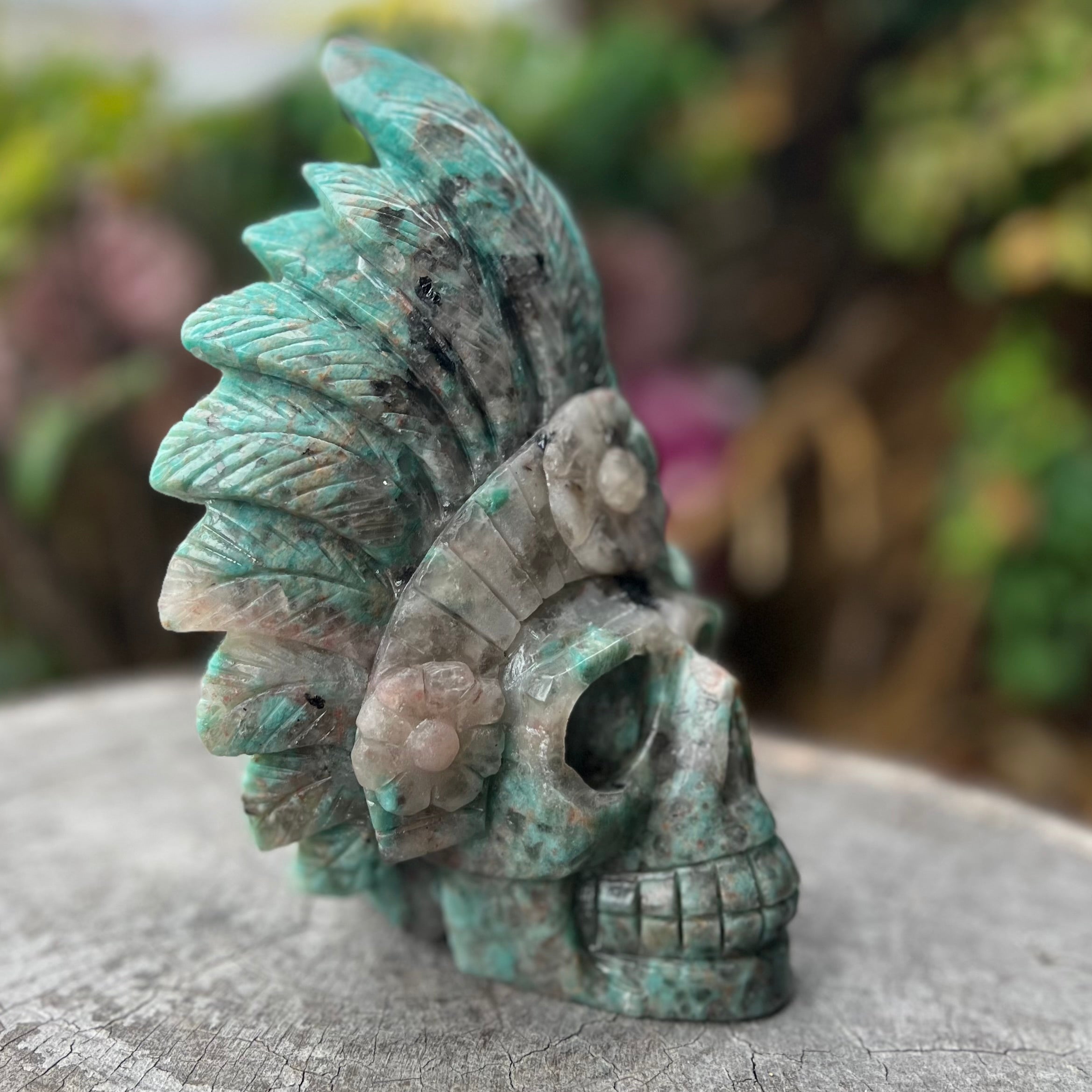 Amazonite Warrior Skull with Headdress Carving