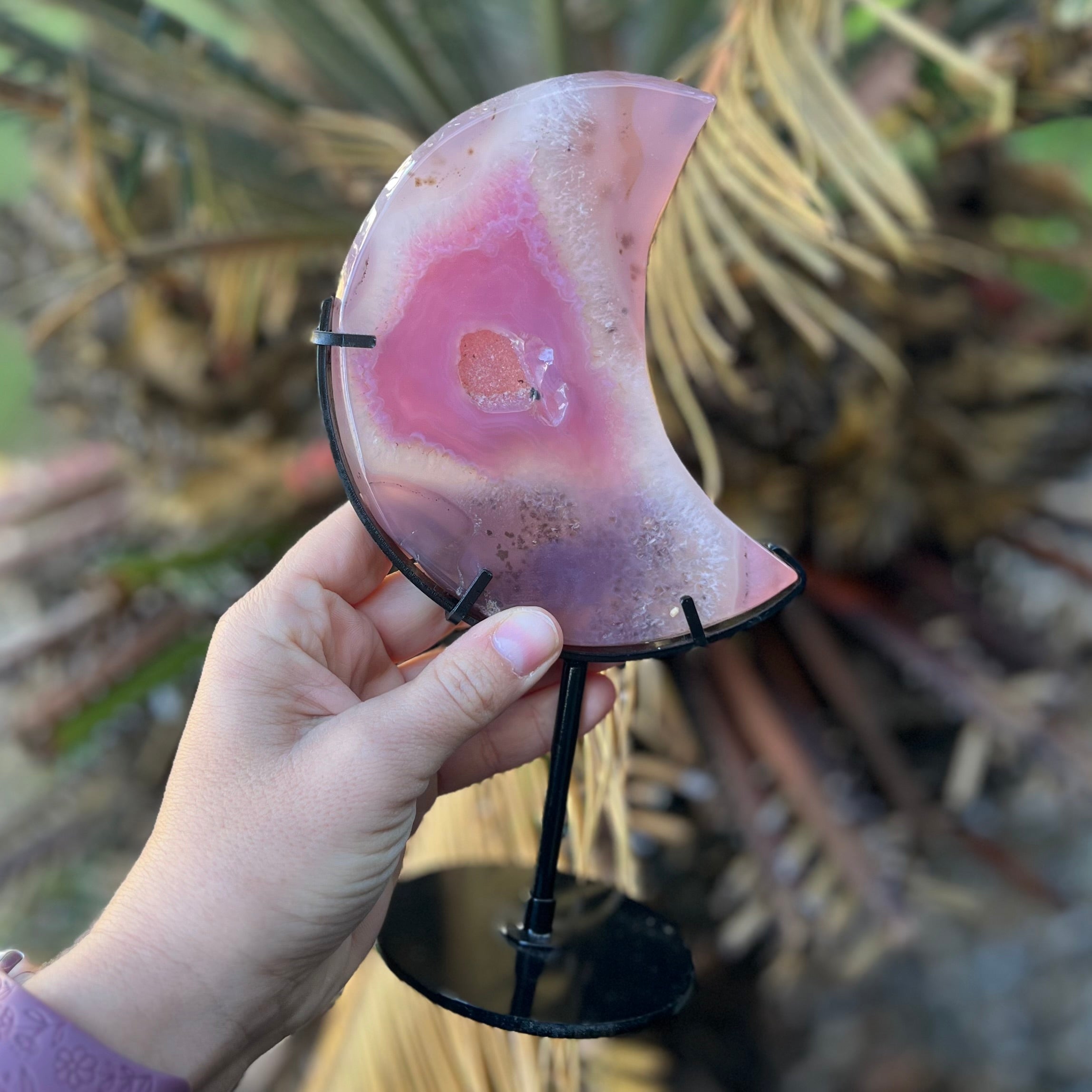 Pink Agate Druzy~ Moon Carving on Stand
