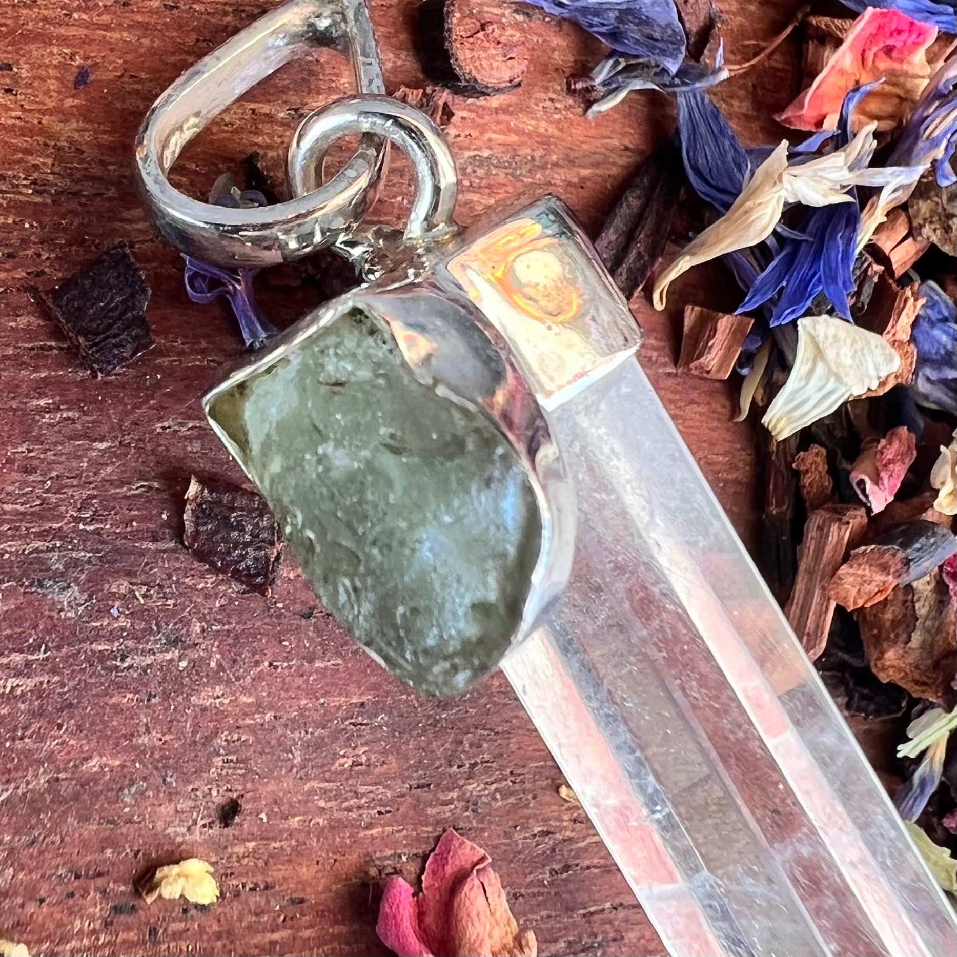 Clear Quartz with Moldavite Sterling Silver Pendant