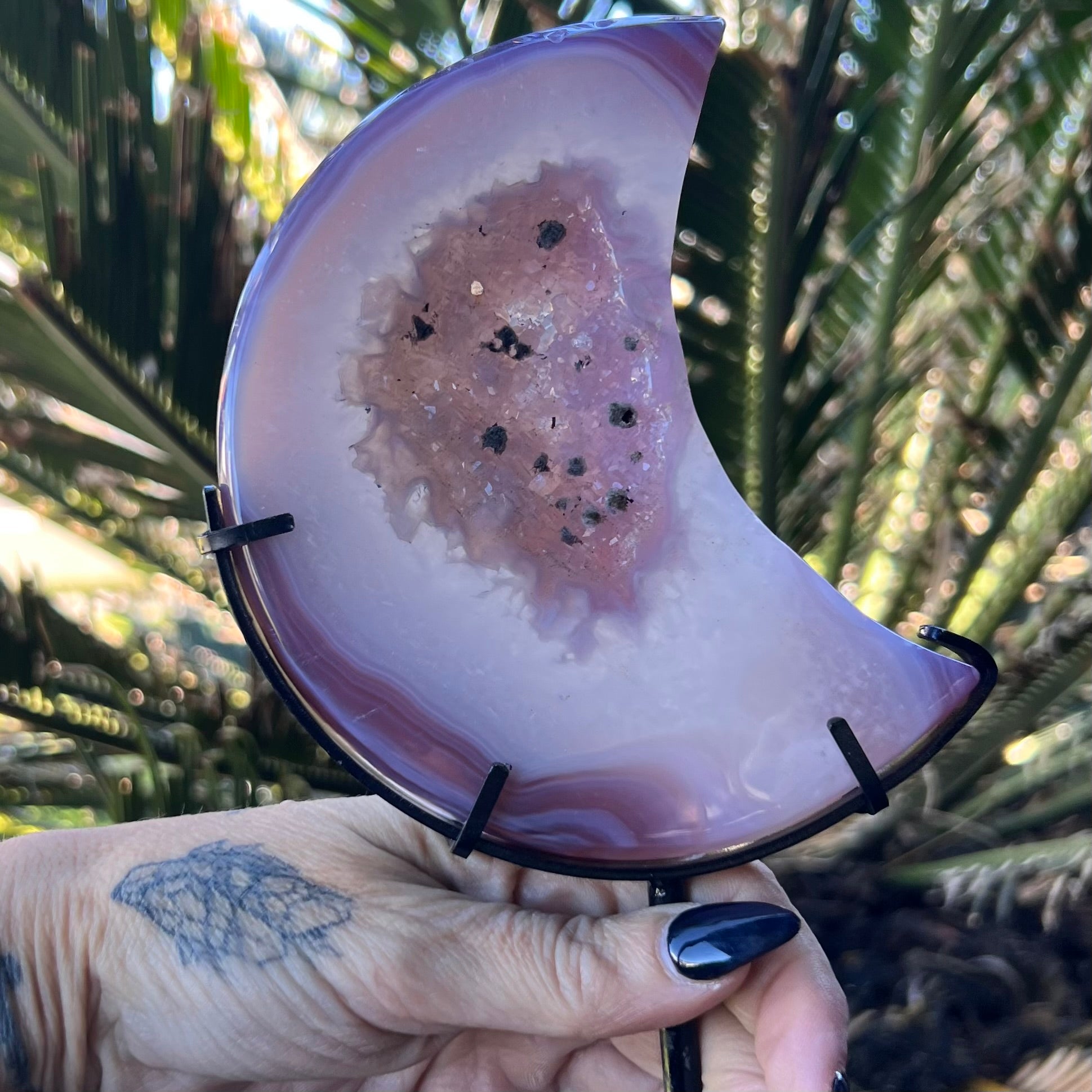 Pink Agate Crescent Moon Carving with Geode - Dyed Agate