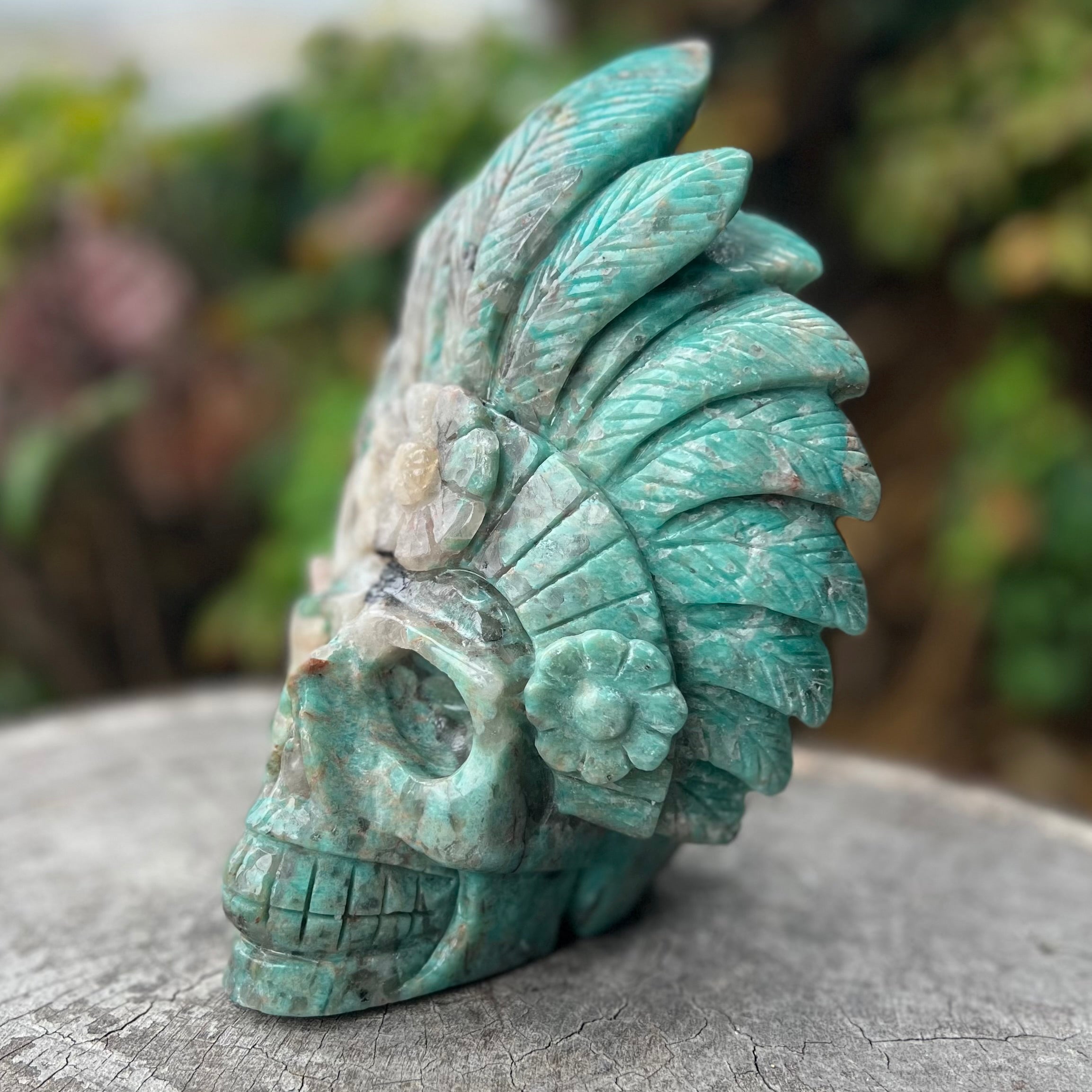 Amazonite Warrior Skull with Headdress Carving