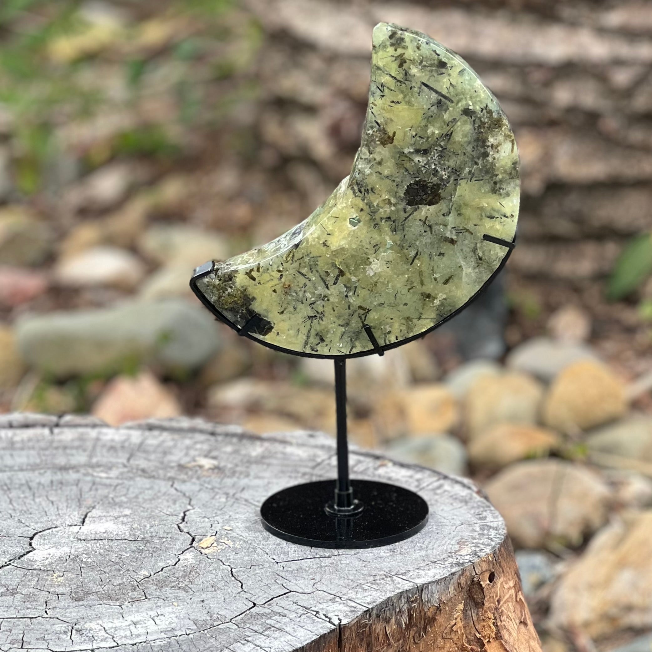 Prehnite Crescent Moon of Protection on Stand