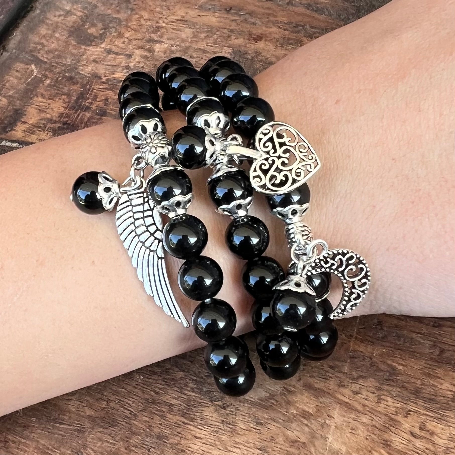 Black Obsidian Protection Bracelet with  Angel Wing Charm