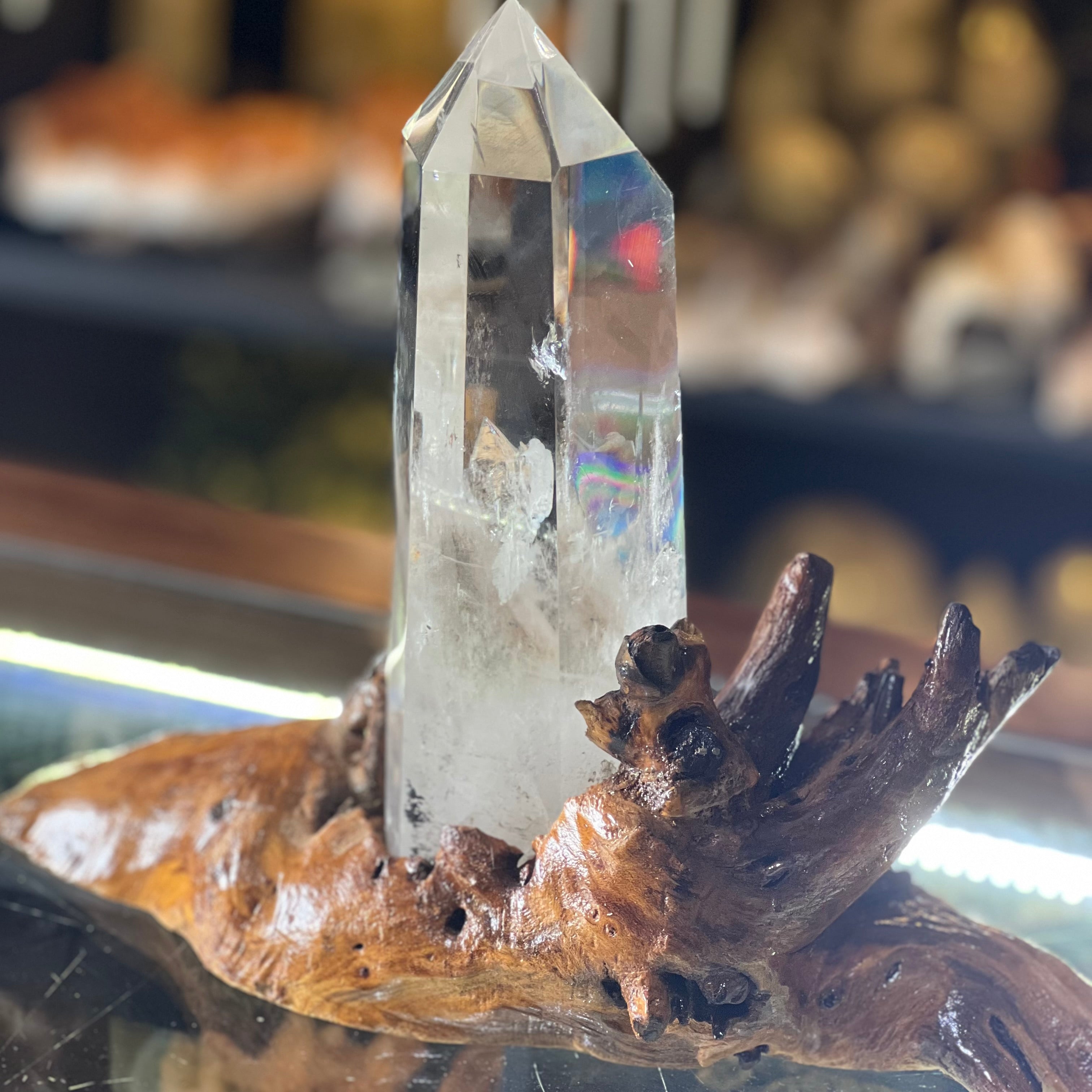 Clear Quartz Semi Raw Generator Point on wooden stand