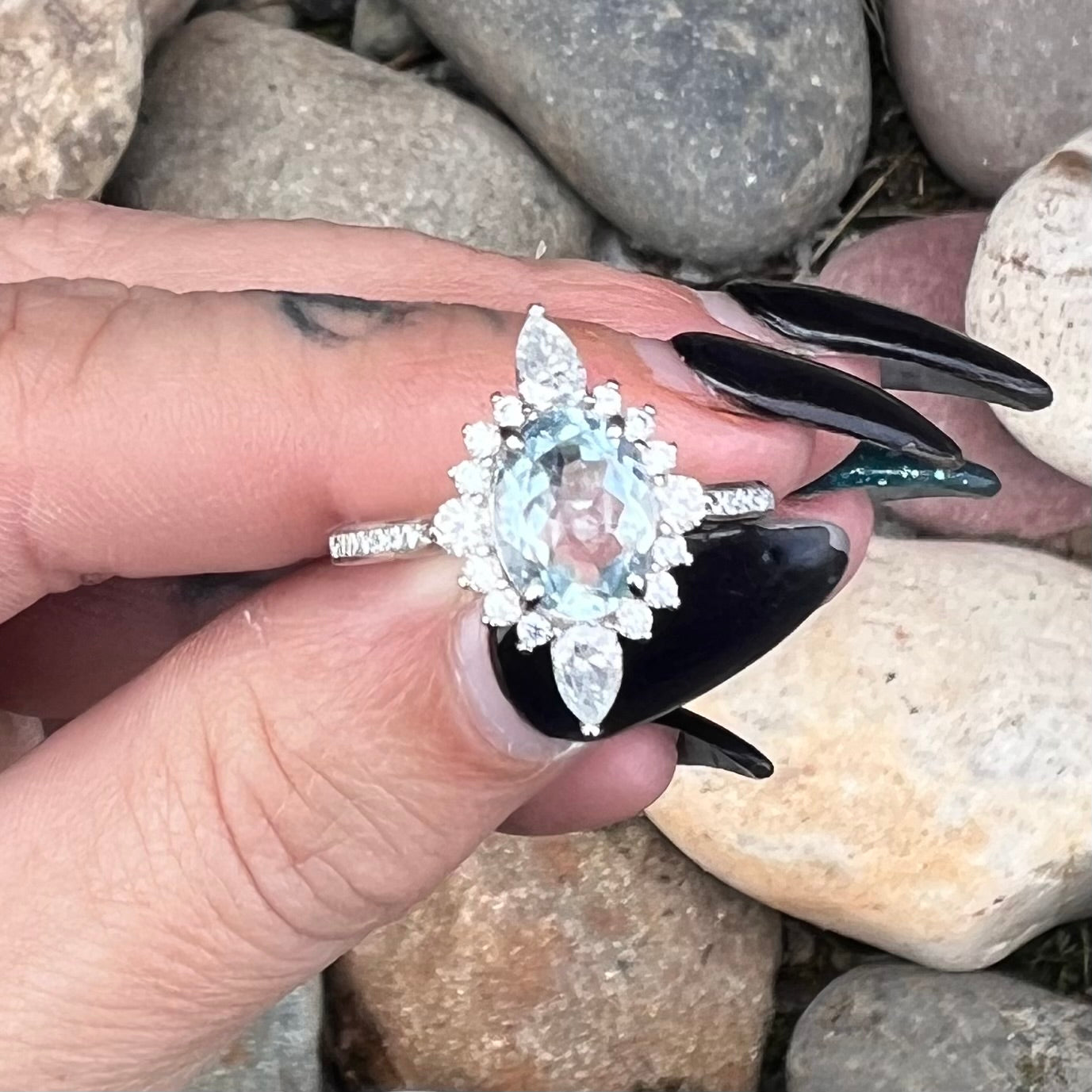 Aquamarine & White Topaz Sterling Silver Ring ~ 10