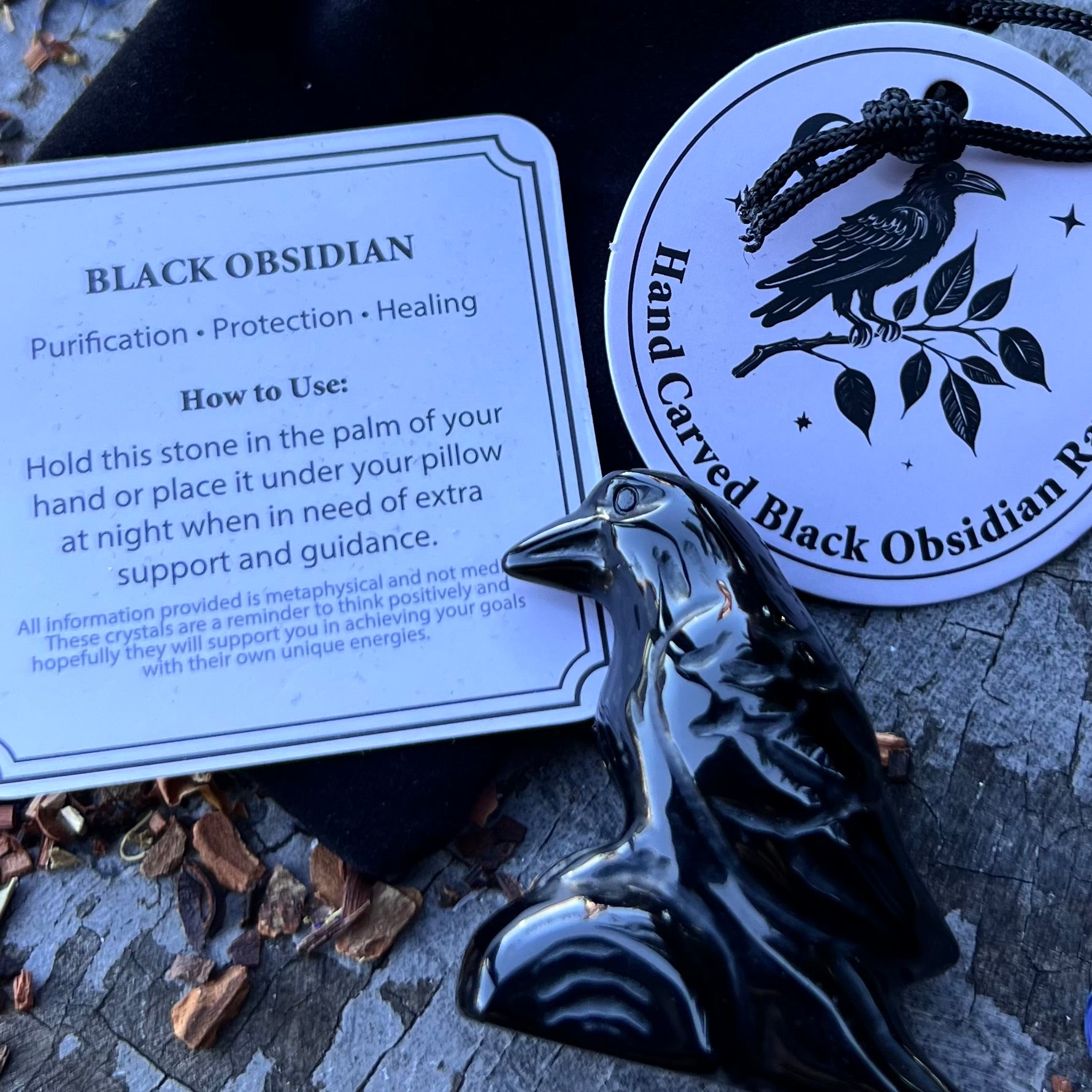 Black Obsidian Raven Carving in Bag