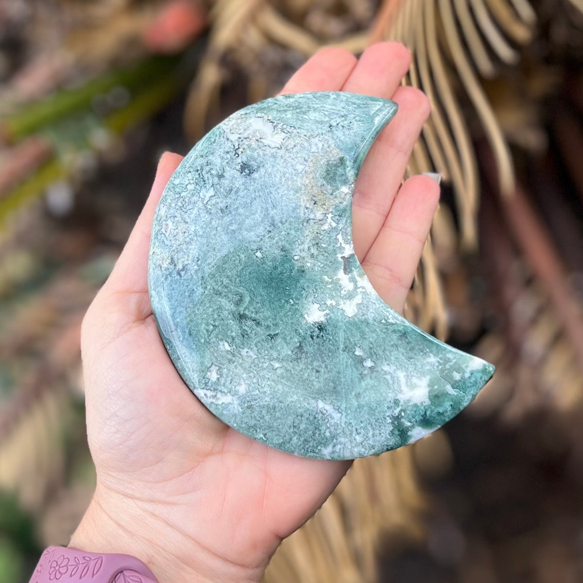 Moss Agate Crescent Moon Carving
