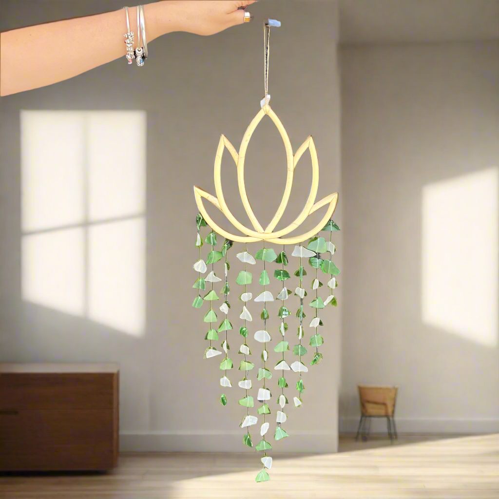 Sea Glass Lotus Wind Chime Wall Art ~ Green & White